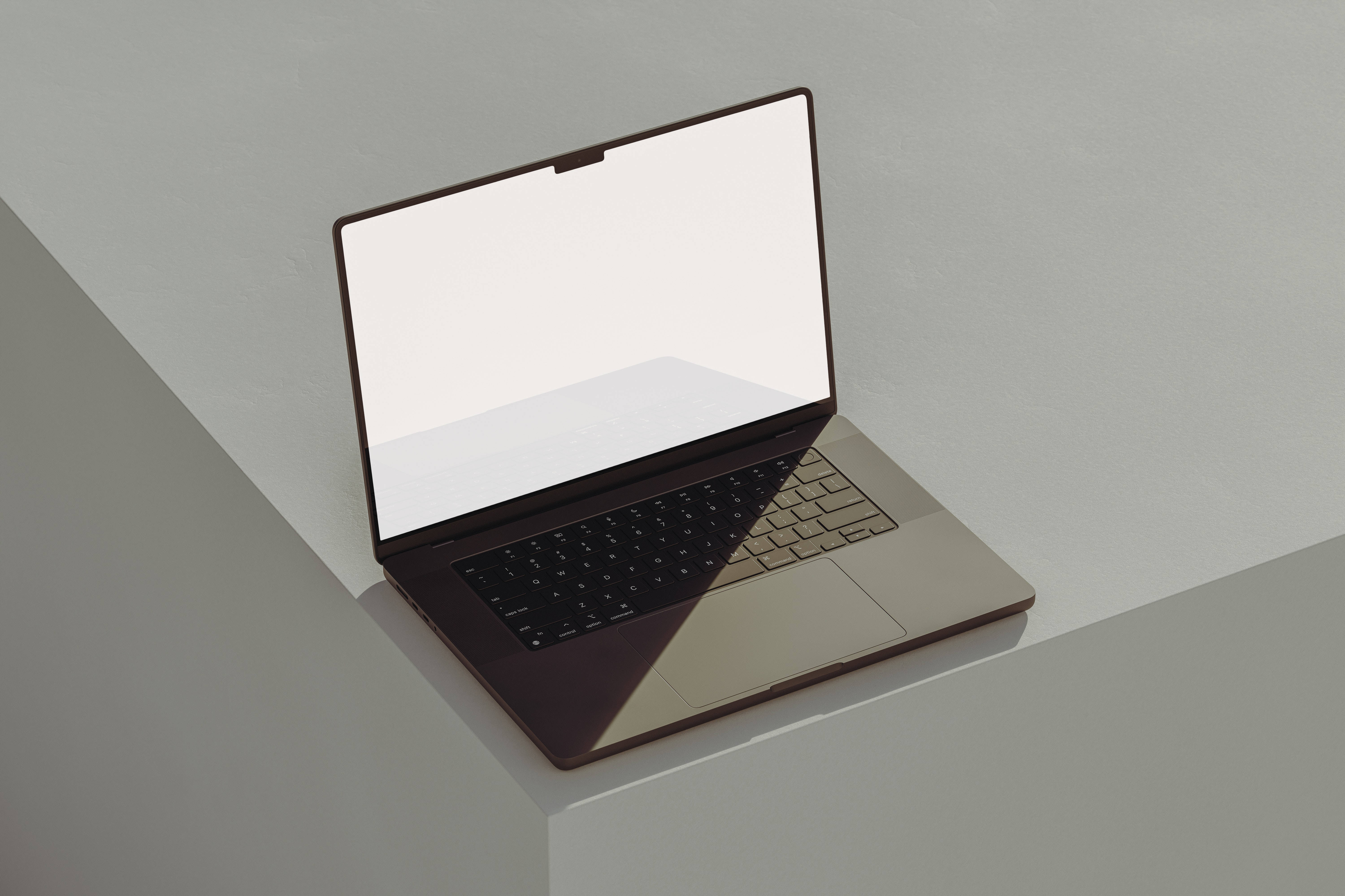 sleek silver laptop, minimalist white ledge, clean studio lighting, 5K Desktop Wallpaper