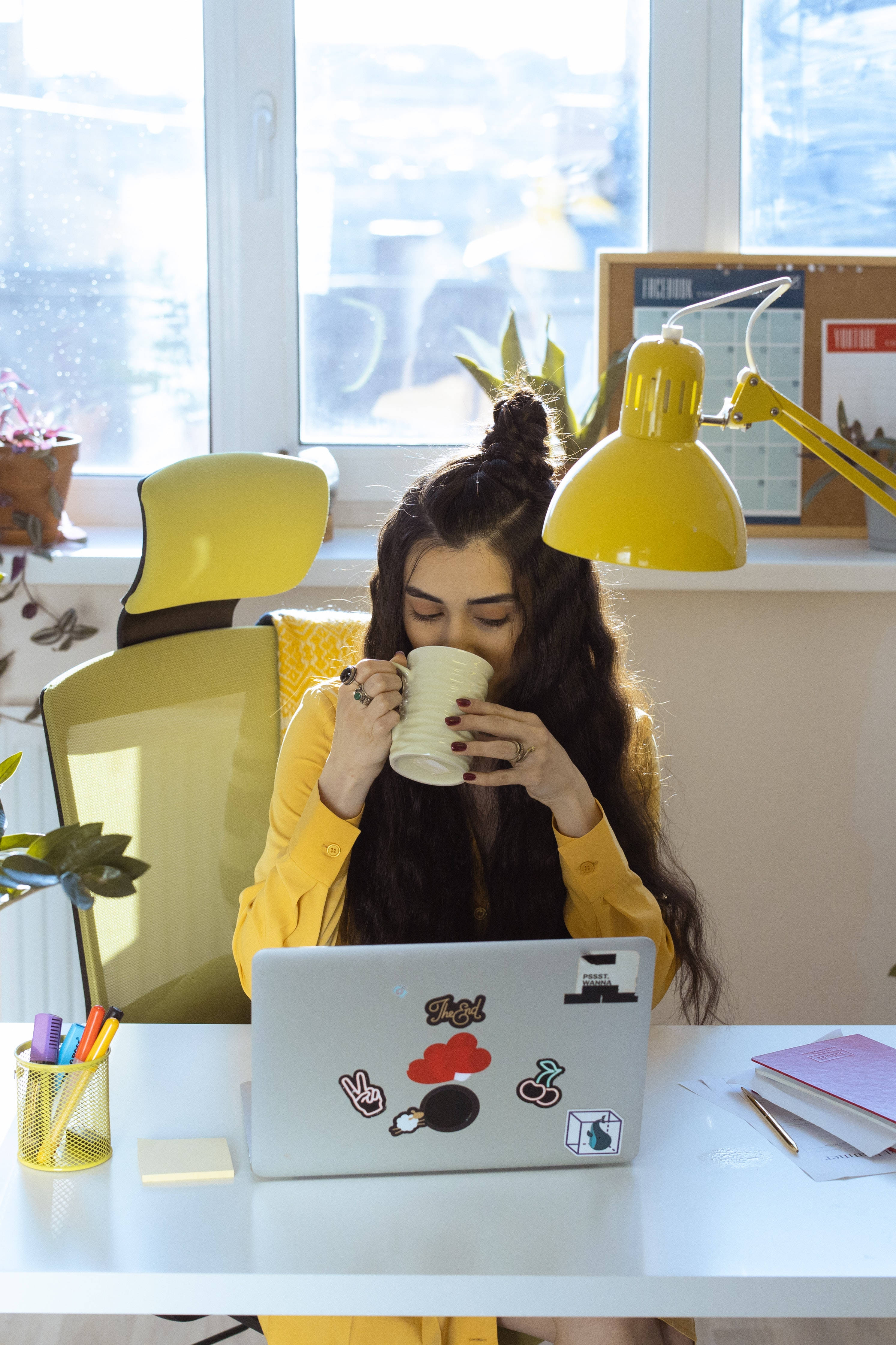 Aesthetic Tumblr Laptop, yellow, sunlit desk, 4K Phone Wallpaper