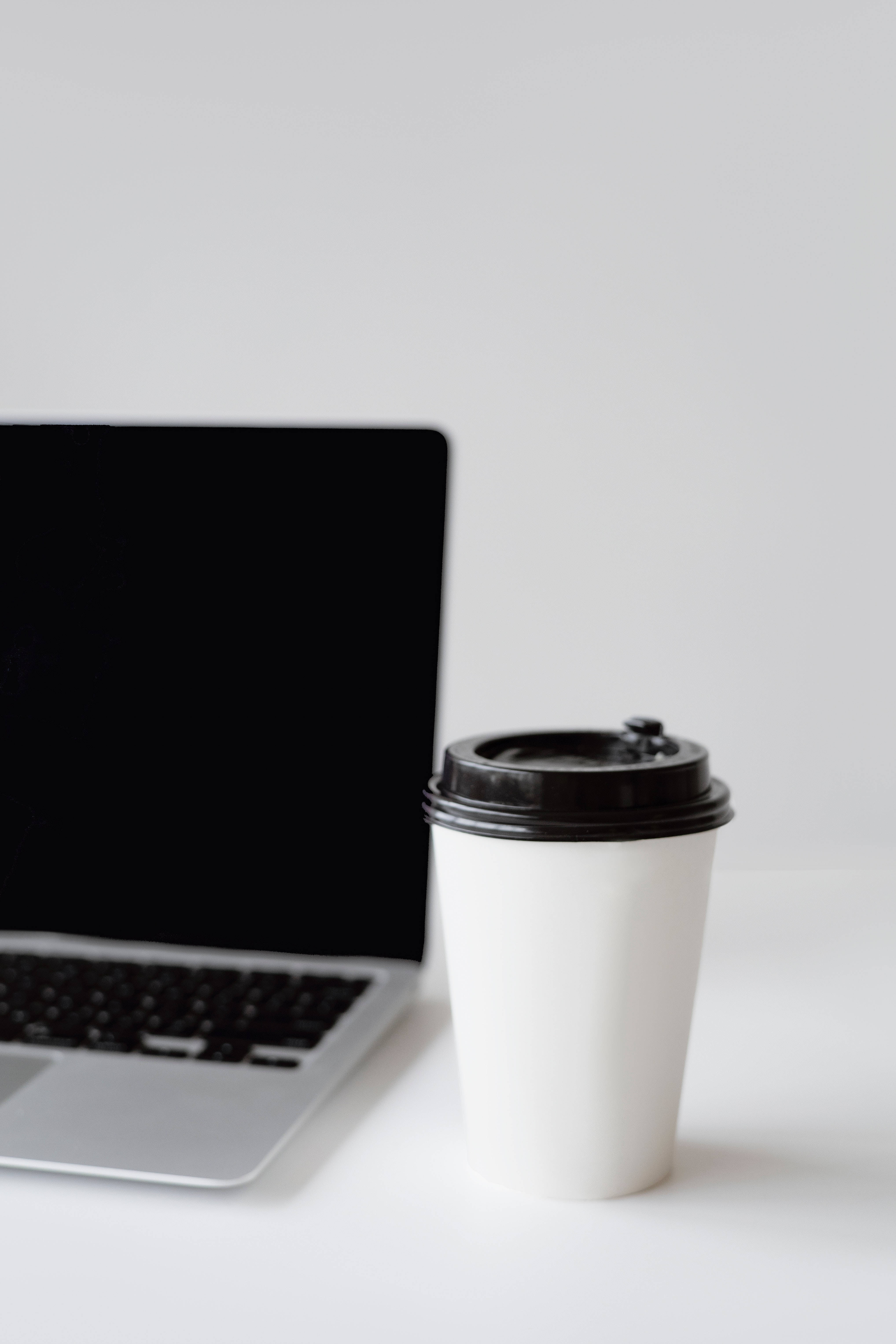 white coffee cup, black lid, silver laptop, 5K Phone Wallpaper