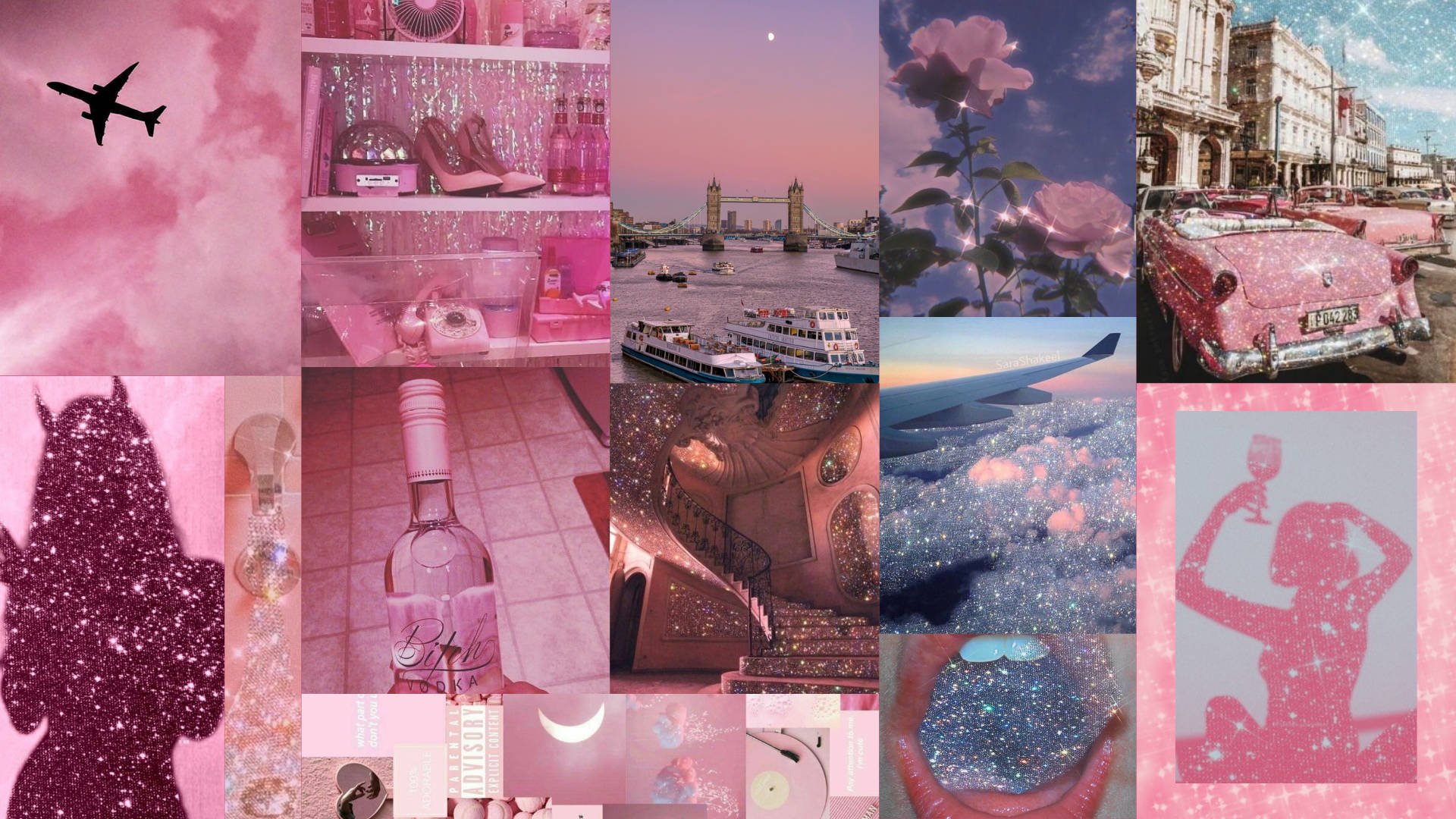 pink aesthetic tumblr laptop, glittery pink collage, airplanes, Full HD Desktop Wallpaper
