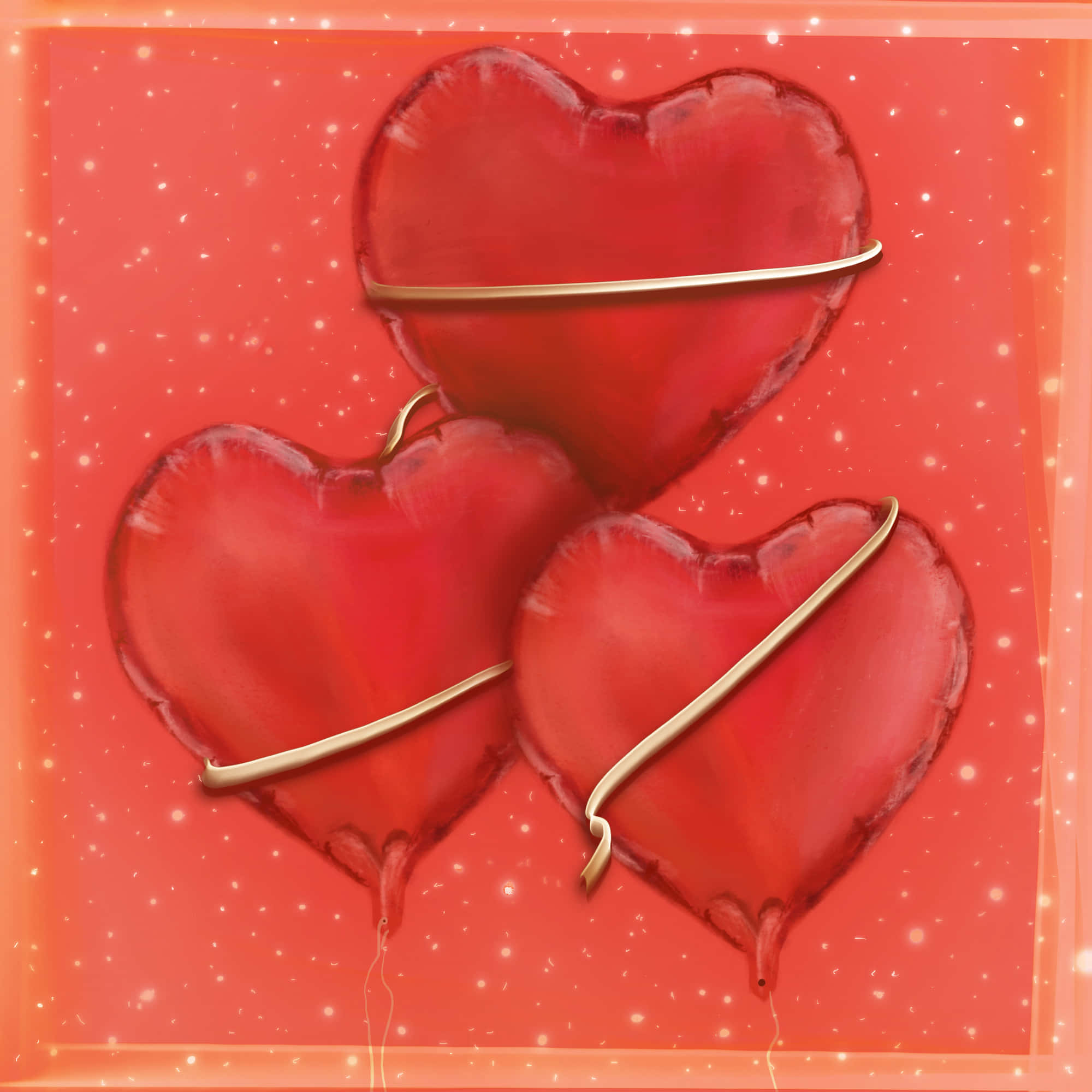 glossy red heart-shaped balloons, gold ribbons, sparkling coral background, Full HD Desktop Wallpaper
