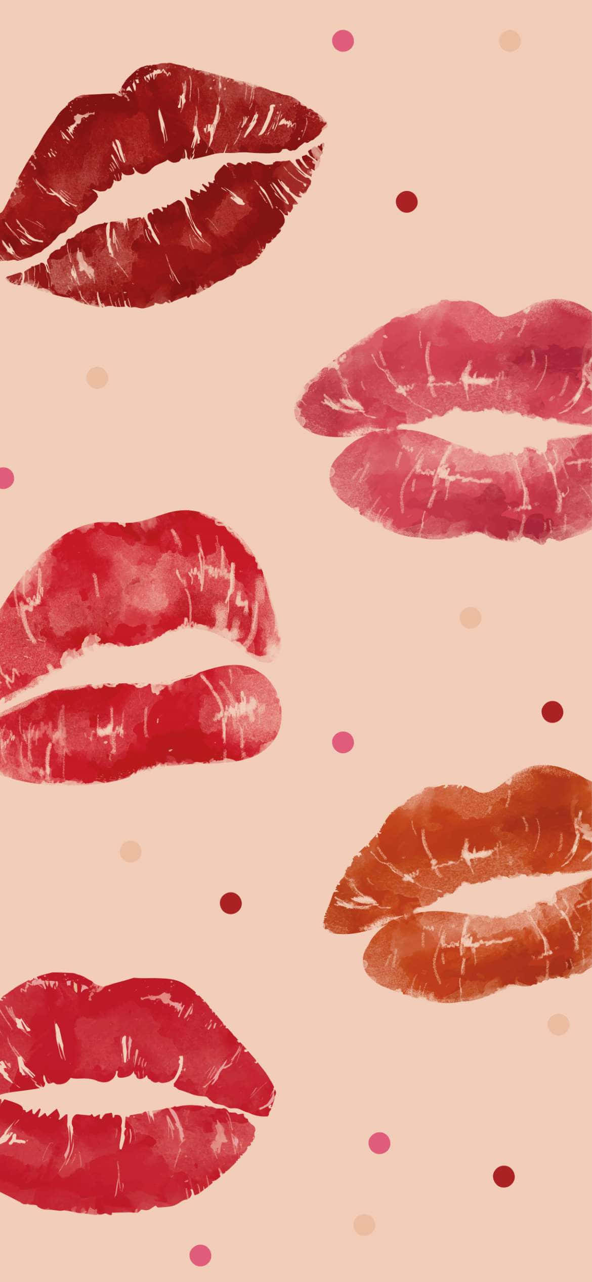 watercolor-style lipstick prints, shades of red and pink, soft peach background, Full HD Phone Wallpaper