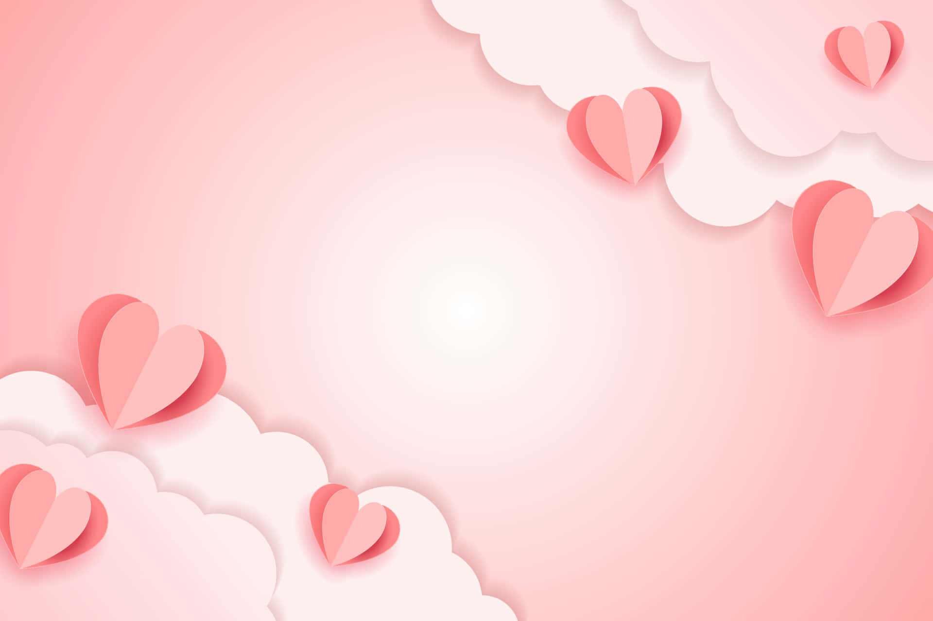 soft pink paper hearts, layered cloud cutouts, gradient pink background, Full HD Desktop Wallpaper