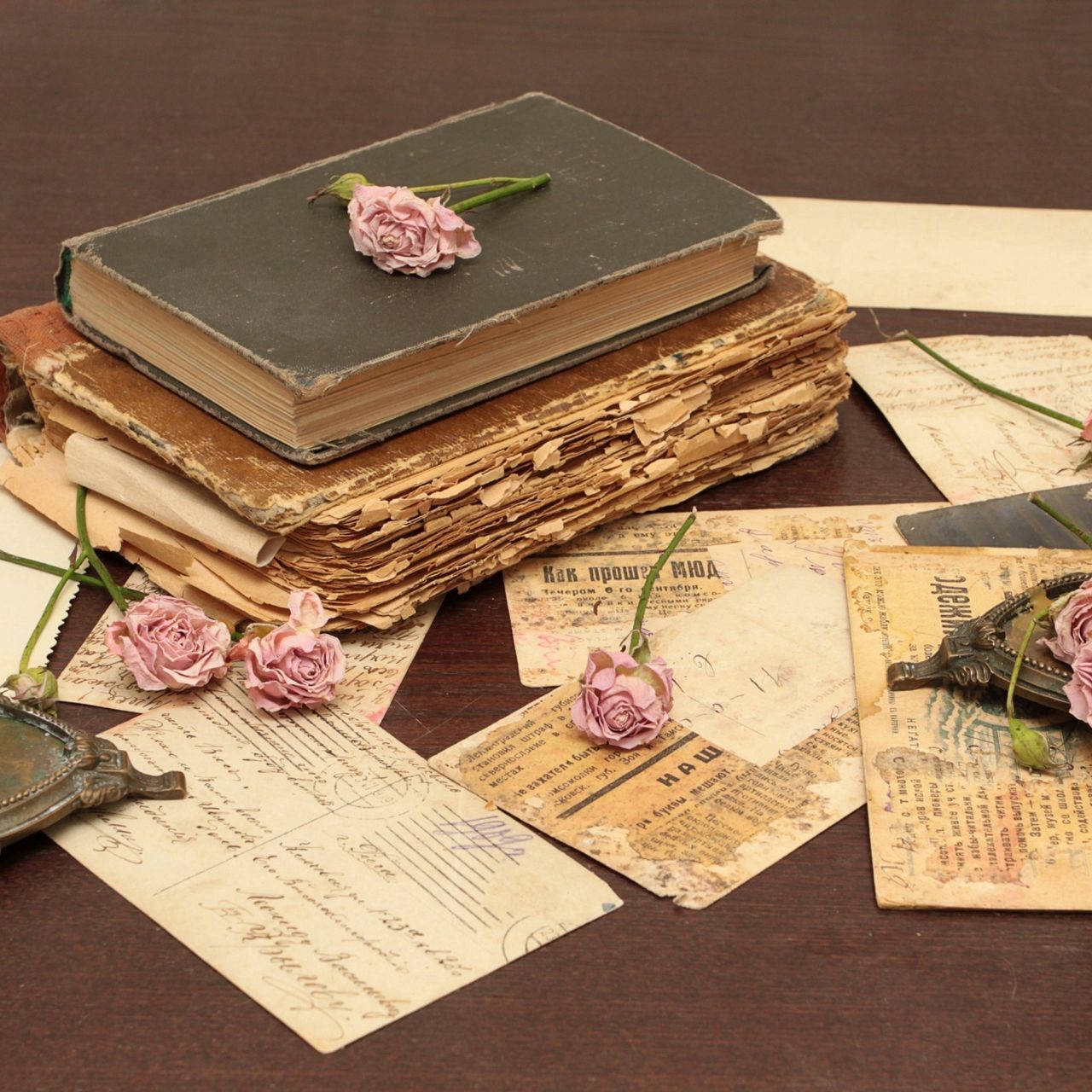 Vintage iPad, books, flowers, HD Desktop Wallpaper