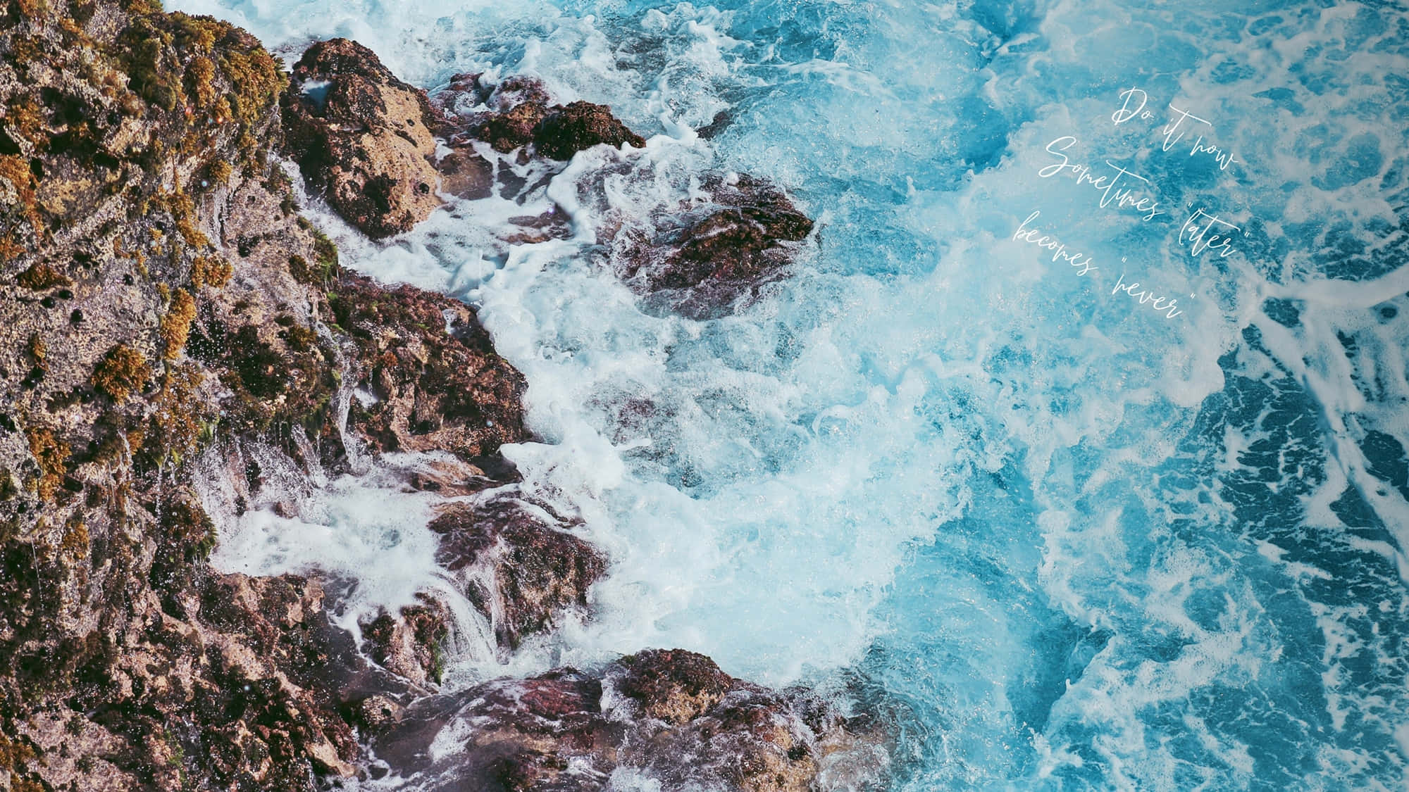 Aesthetic Shore Waves, turquoise waves, rugged mossy cliffs, Full HD Desktop Wallpaper