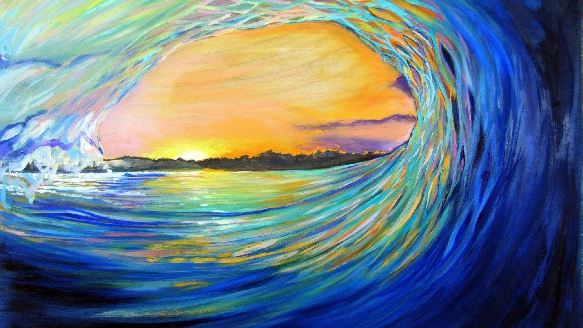 wave, tunnel, golden sunset, Full HD Desktop Wallpaper