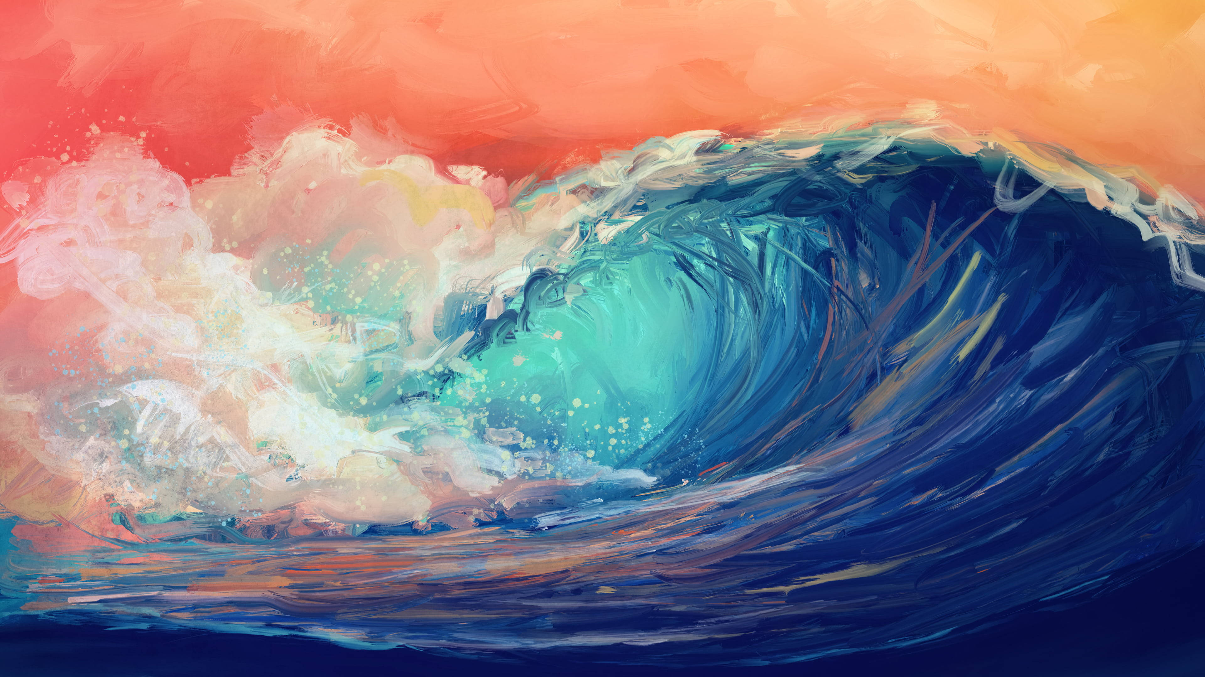 Sea Wave Art, fiery orange sky, turquoise core, 4K Desktop Wallpaper