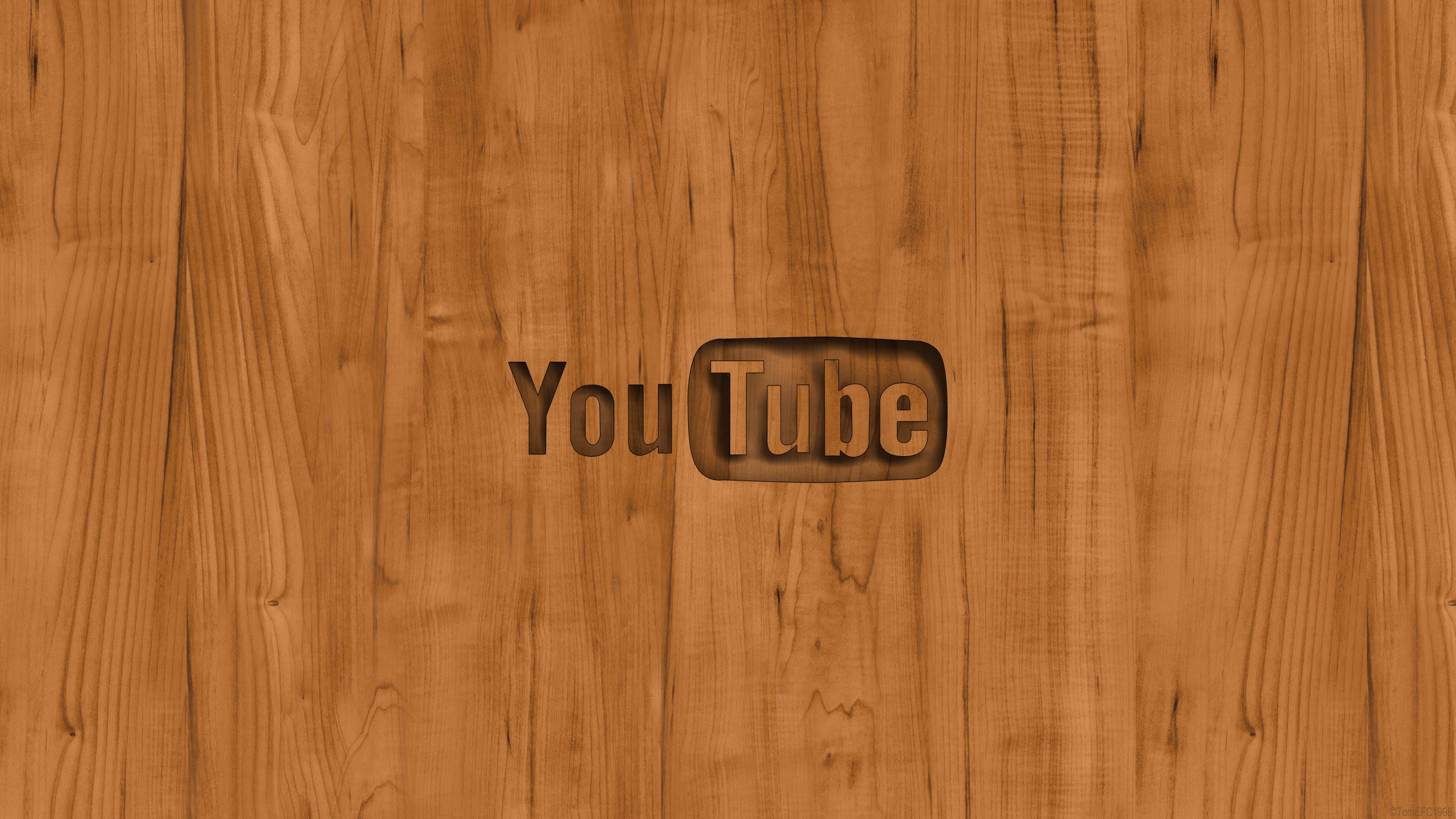 YouTube, etched wooden logo, warm wooden planks, 2K Desktop Wallpaper