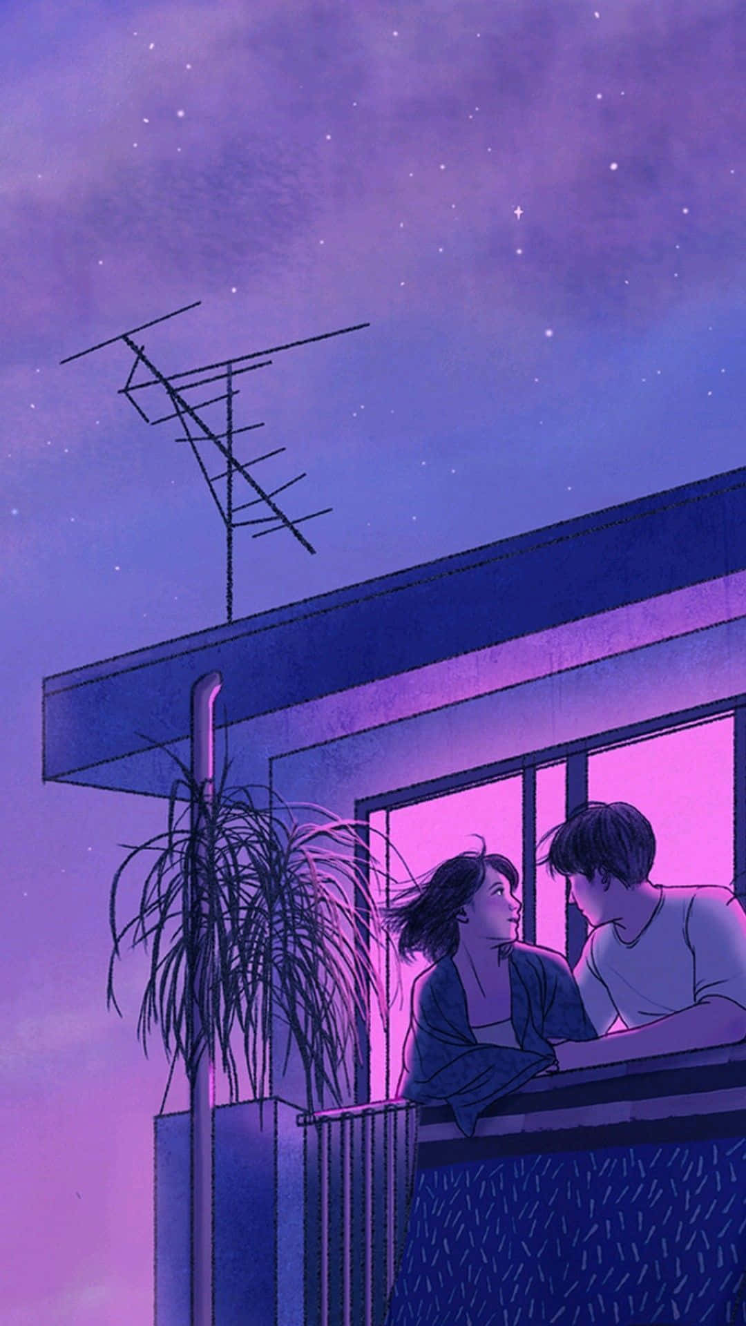 90s anime, balcony, starry purple night sky, Full HD Phone Wallpaper