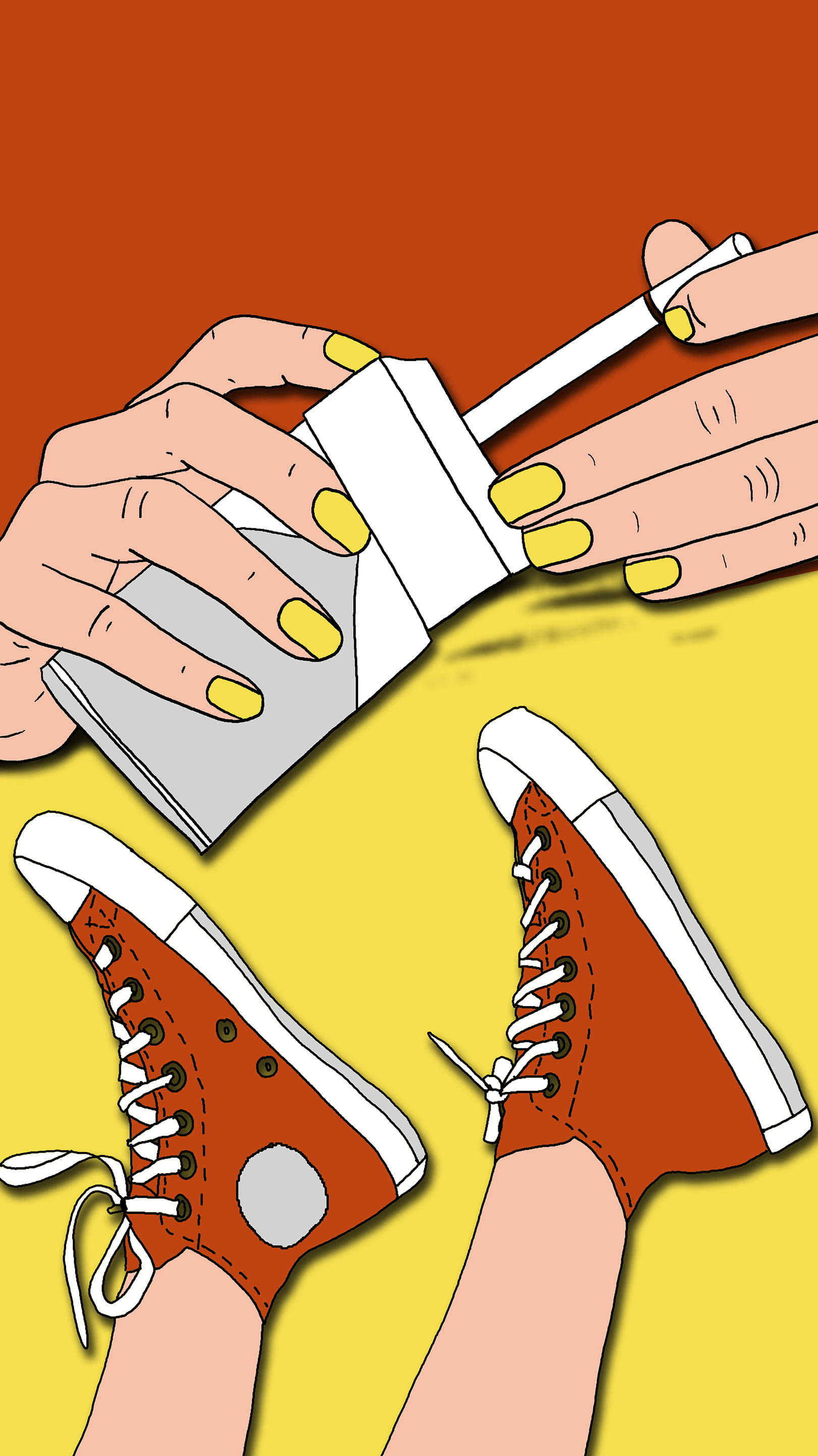 70s retro aesthetic, yellow nails, white box, 2K Phone Wallpaper