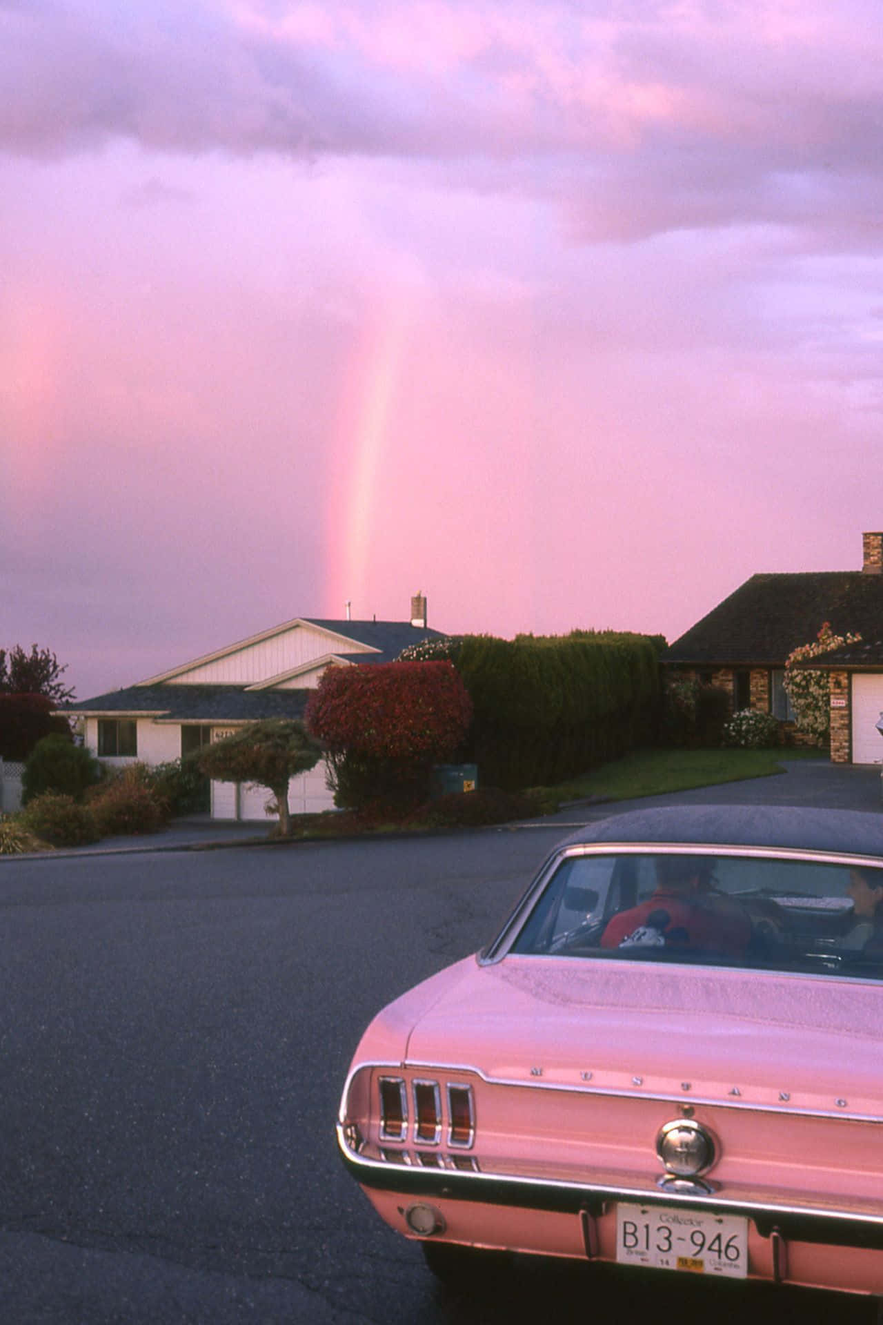 vintage pink Mustang, suburban street, soft pink twilight sky, Full HD Phone Wallpaper