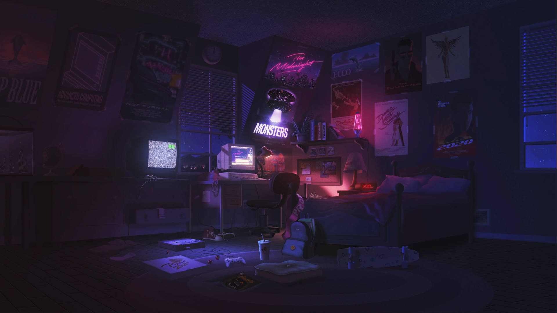 dark purple desk, retro gamer's bedroom, neon purple, Full HD Desktop Wallpaper