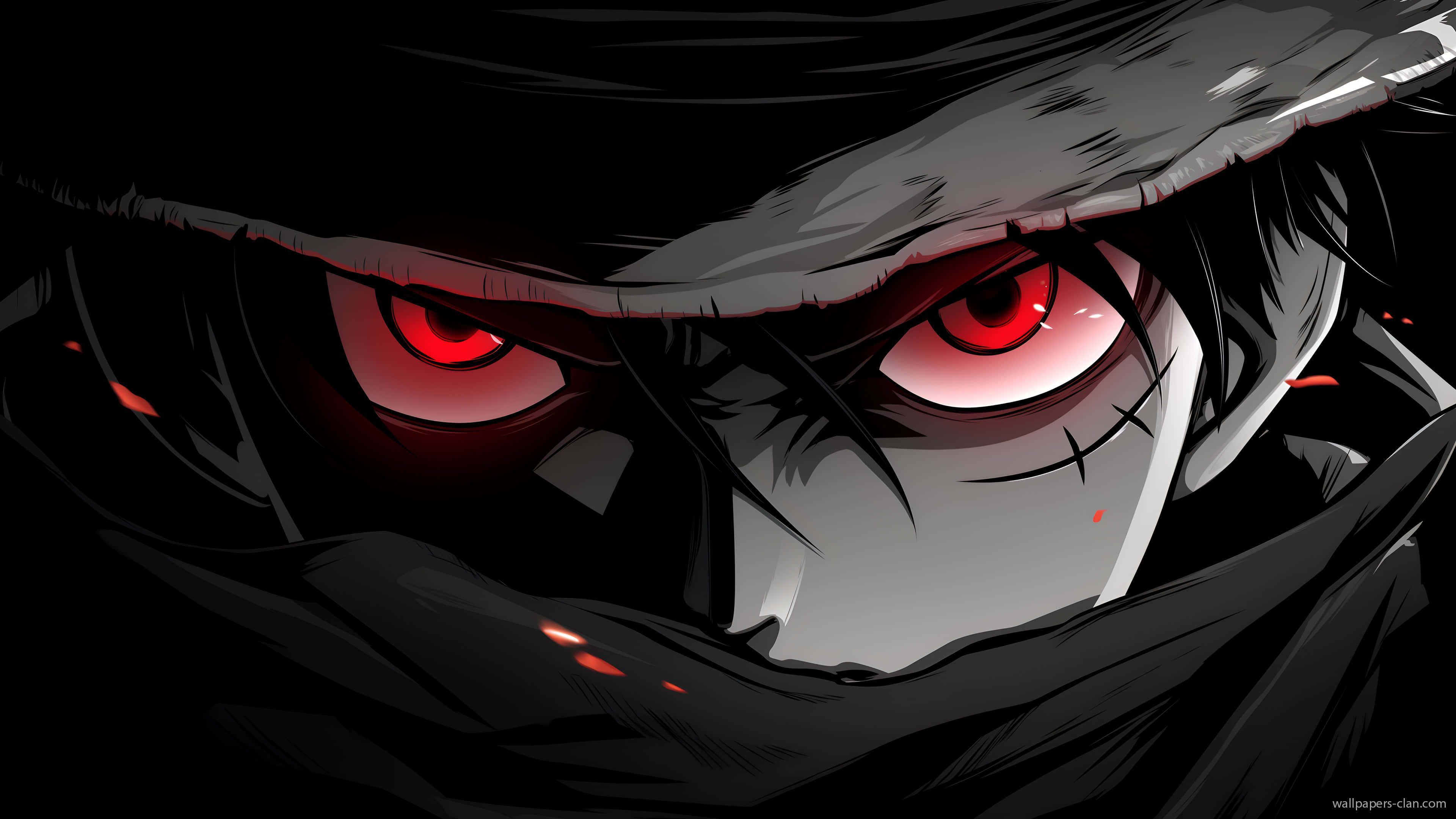 glowing red eyes, black hooded mask, dark background, 4K Desktop Wallpaper