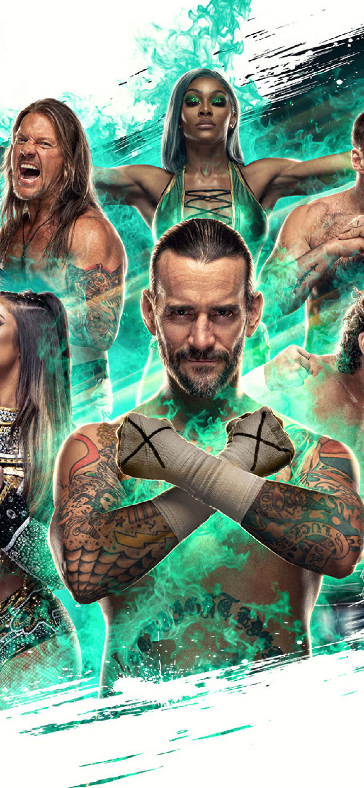AEW, vibrant green energy background, muscular wrestlers, 2K Phone Wallpaper