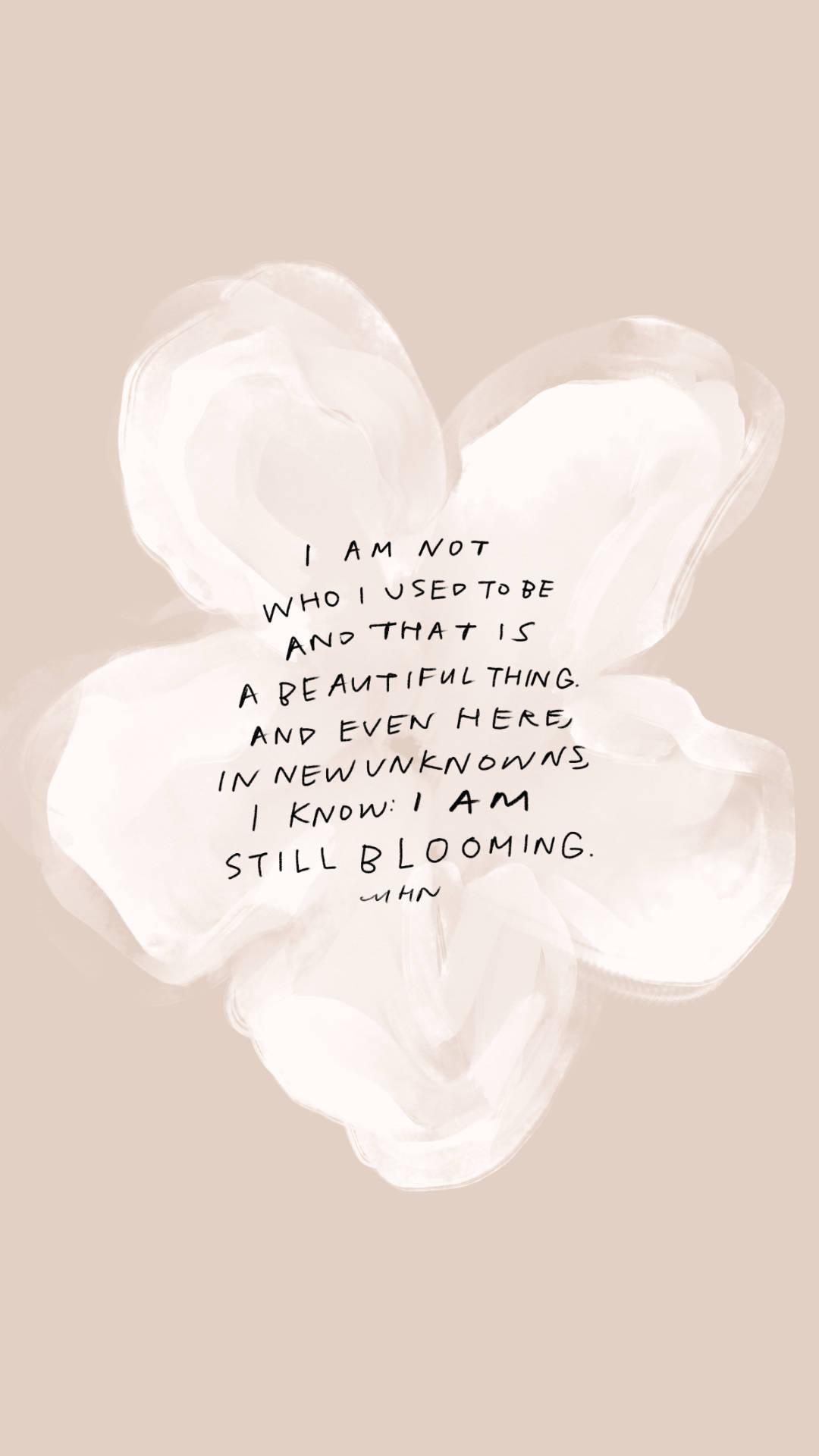 I Am Blooming Affirmation, minimalist white flower illustration, handwritten motivational quote, Full HD Phone Wallpaper