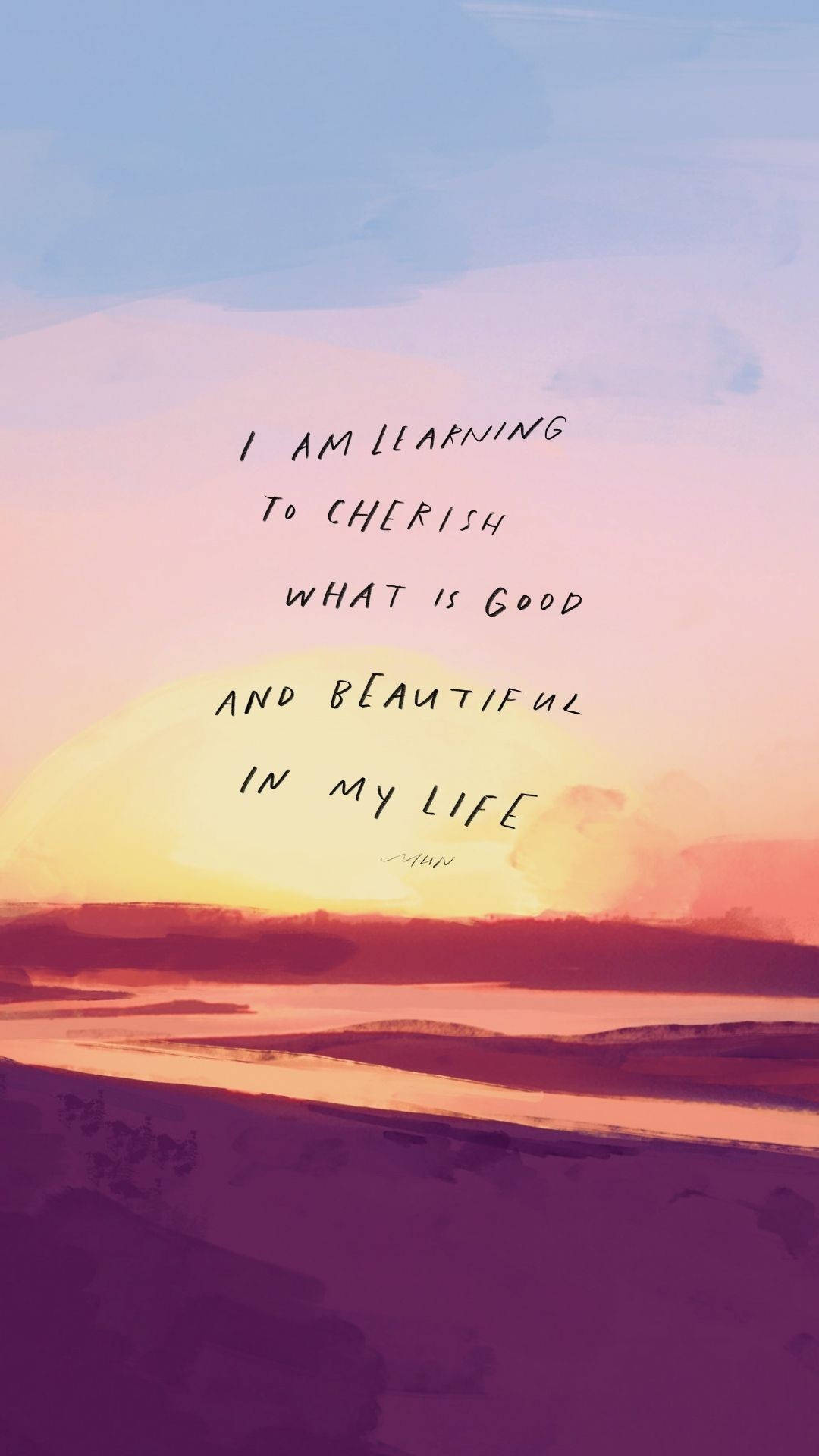 watercolor sunset, calm river, handwritten text, Full HD Phone Wallpaper