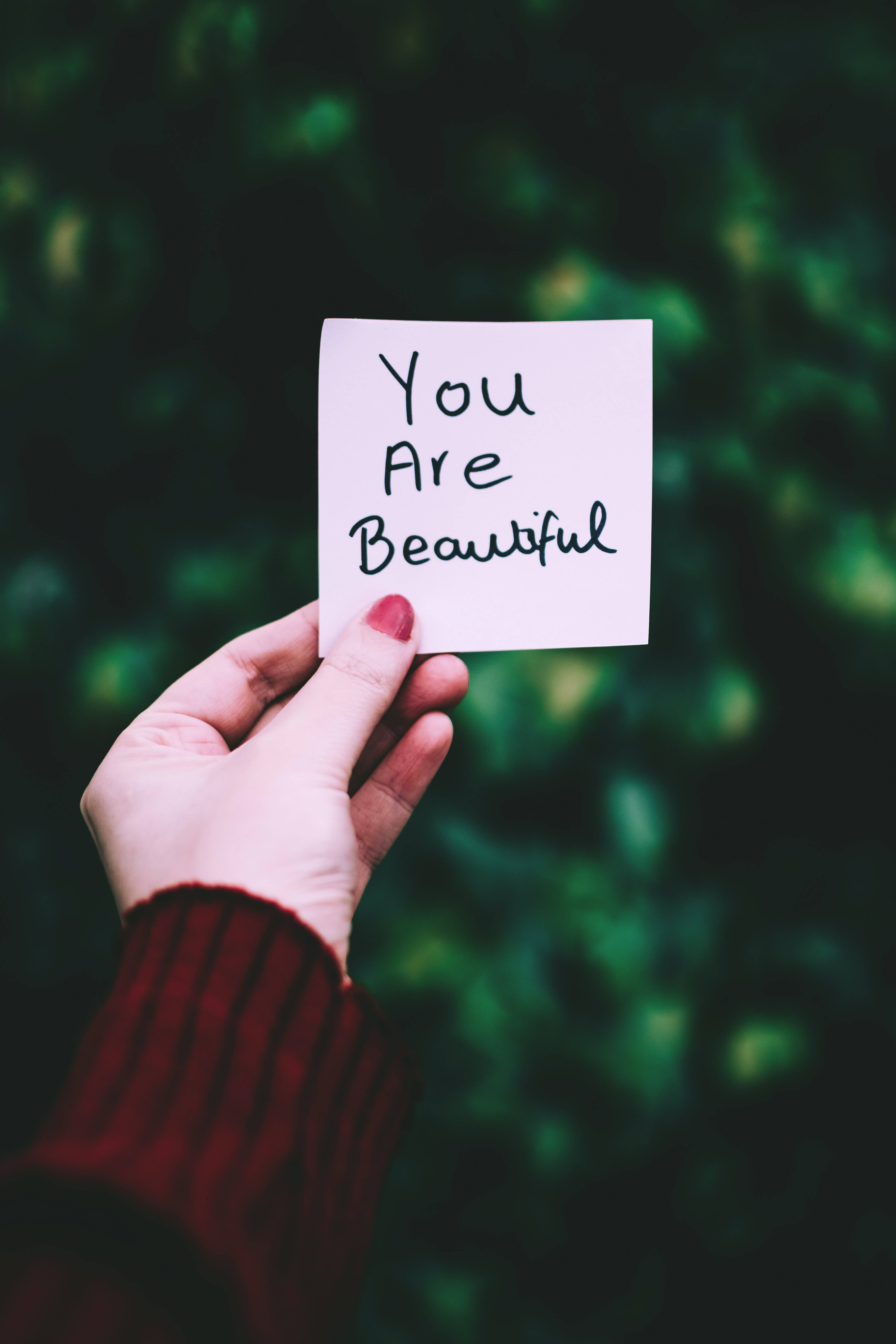 red sweater, white note, You Are Beautiful, 5K Phone Wallpaper