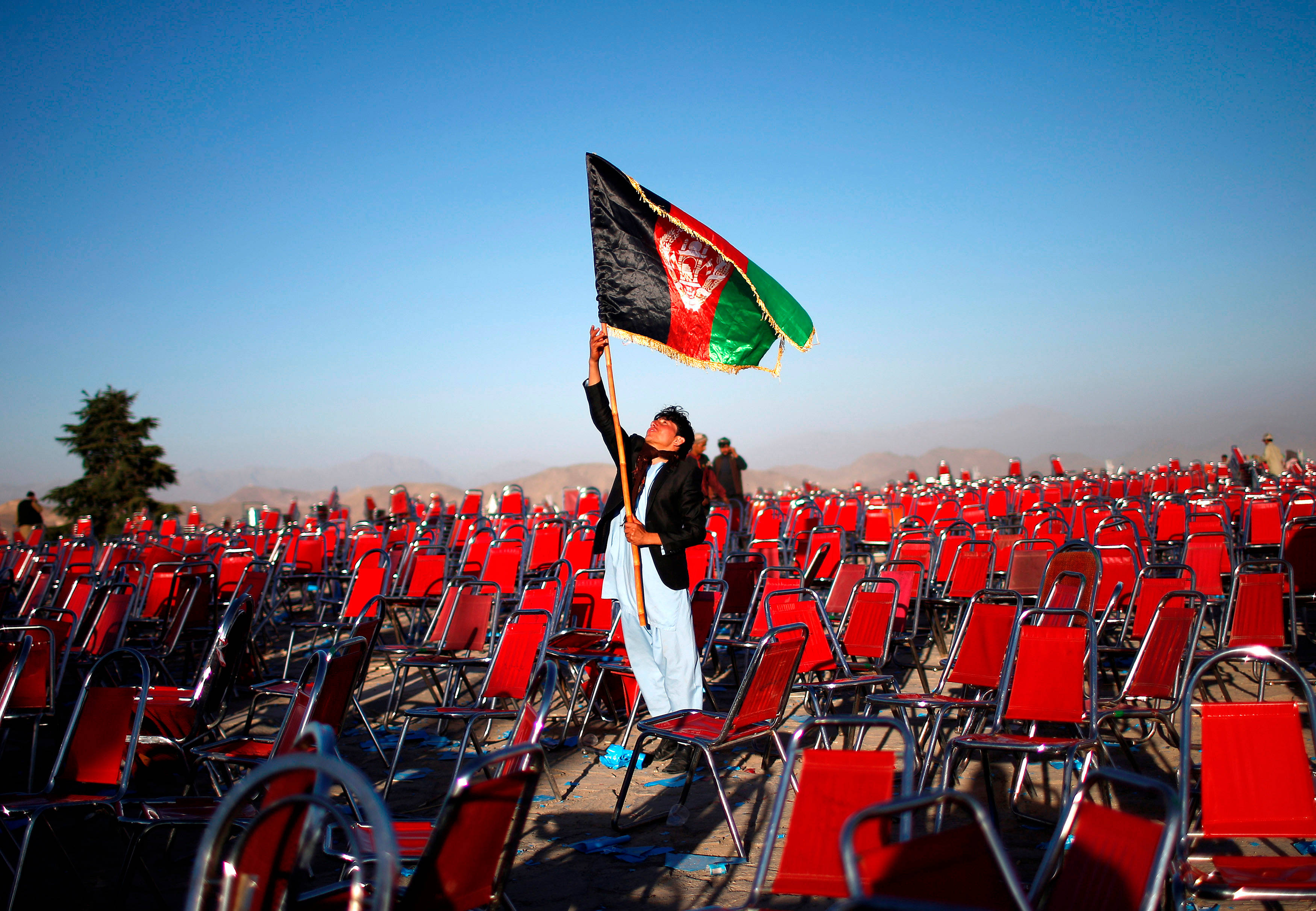 Afghanistan flag, red chairs, clear blue sky, 2K Desktop Wallpaper