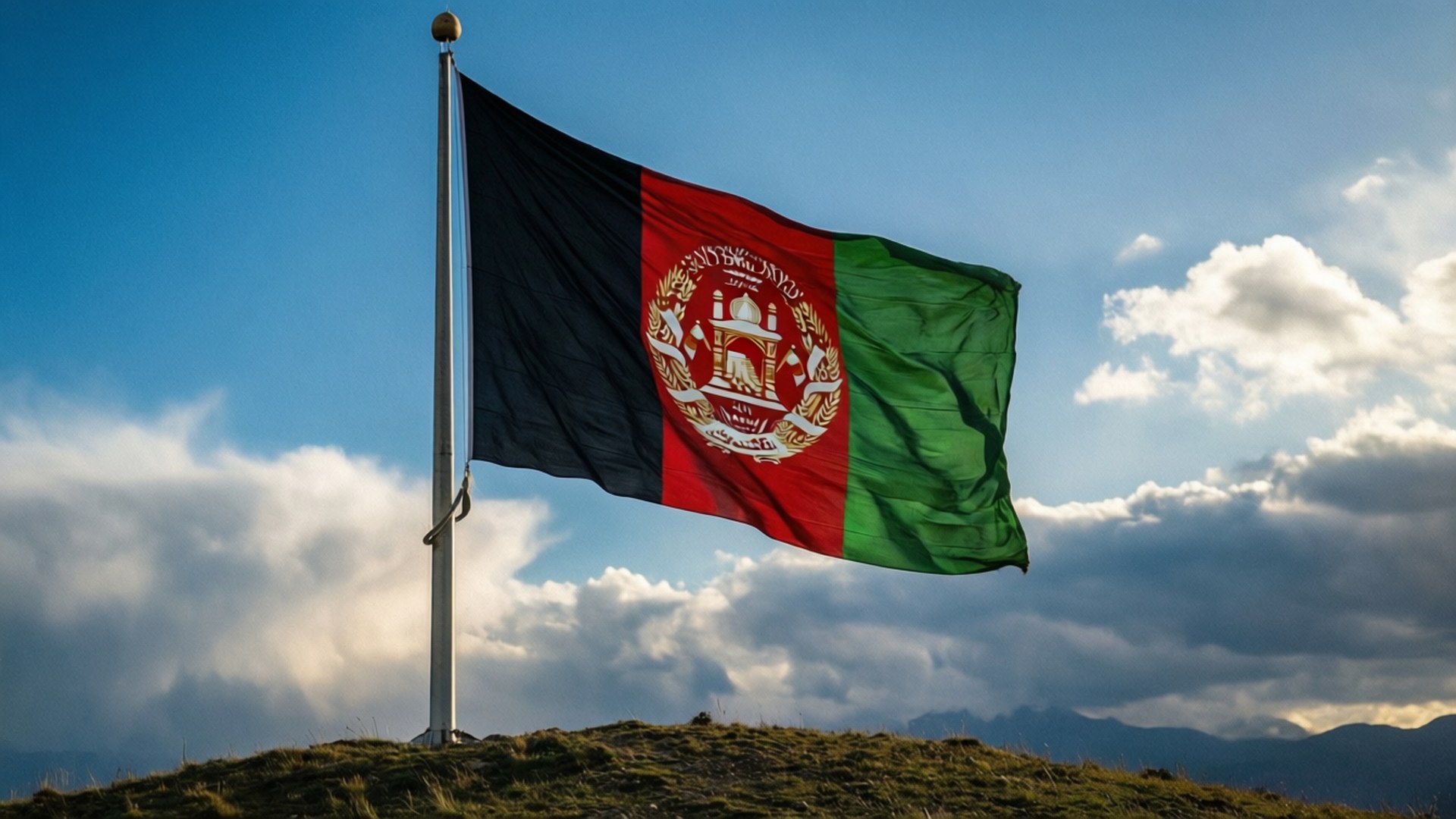 Afghanistan flag, grassy hill, dramatic blue sky, Full HD Desktop Wallpaper