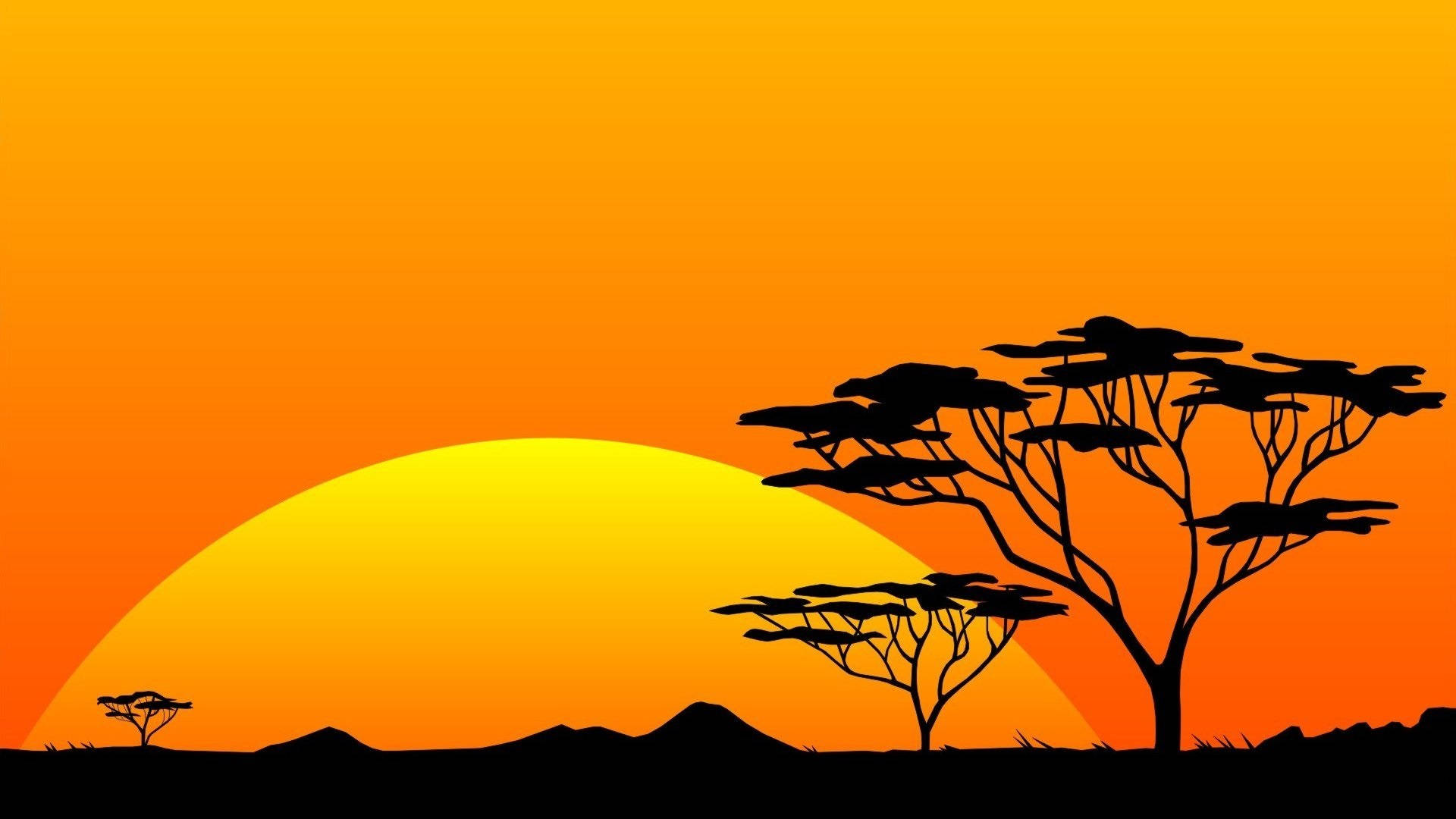 African Sunset, acacia trees, vibrant orange sunset, Full HD Desktop Wallpaper