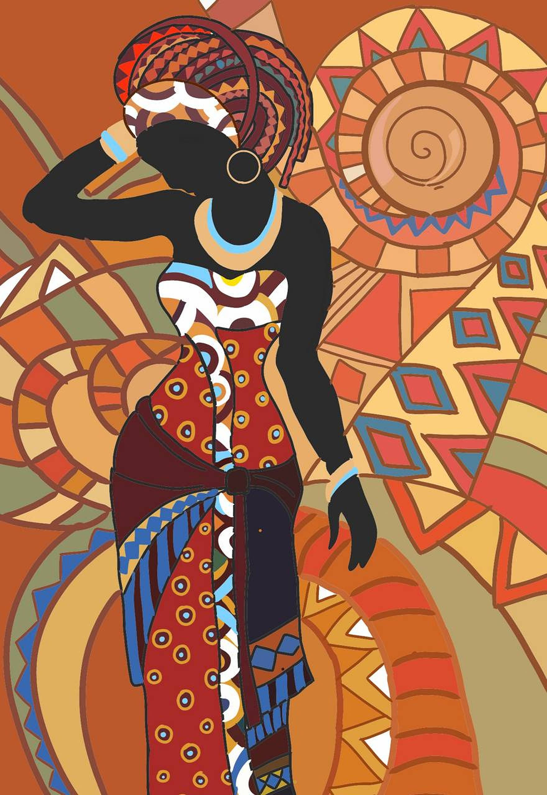 African minimalist art, African woman, vibrant patterned attire, 2K Phone Wallpaper