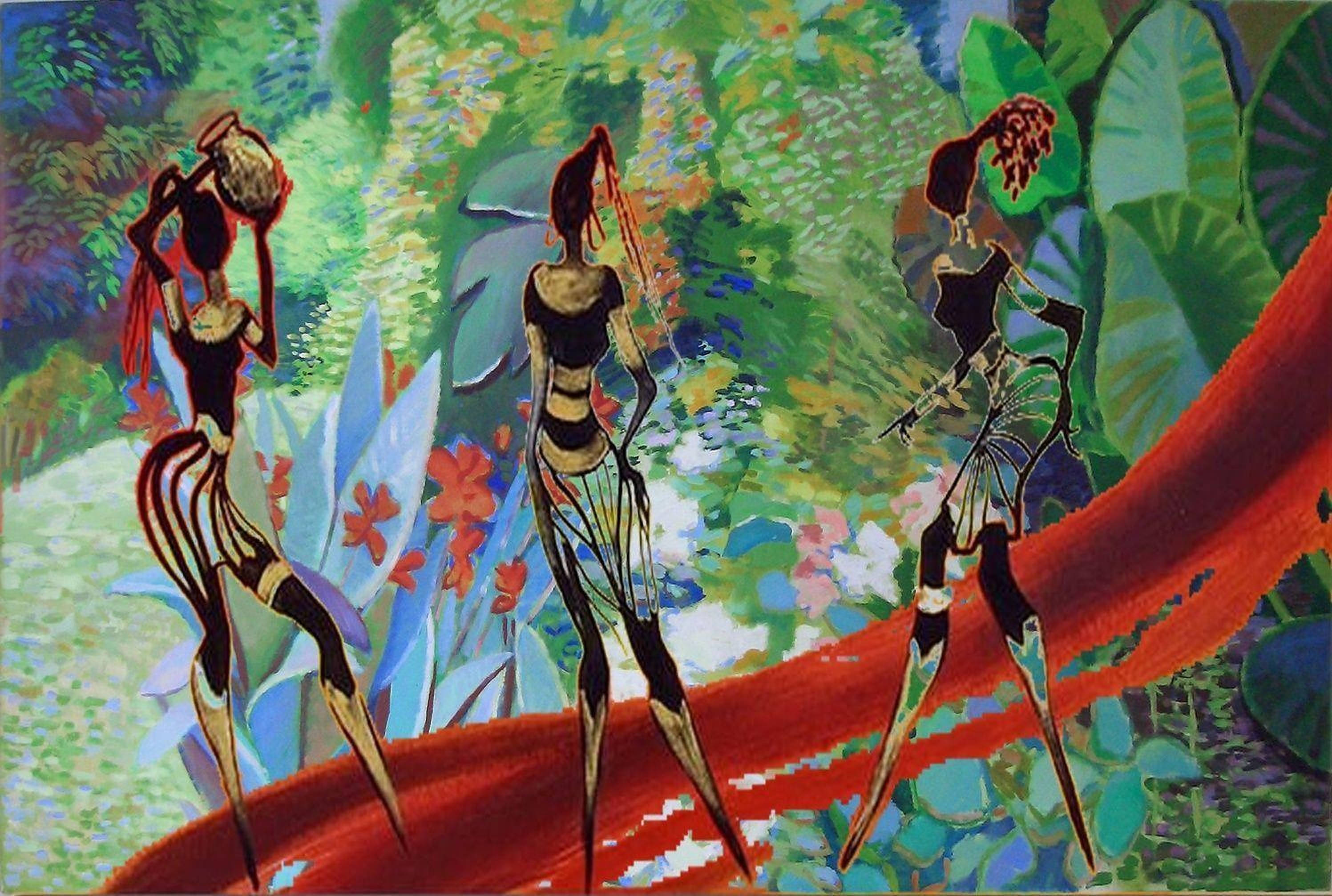 African Women Art Painting, stylized figures, elongated limbs, 2K Desktop Wallpaper