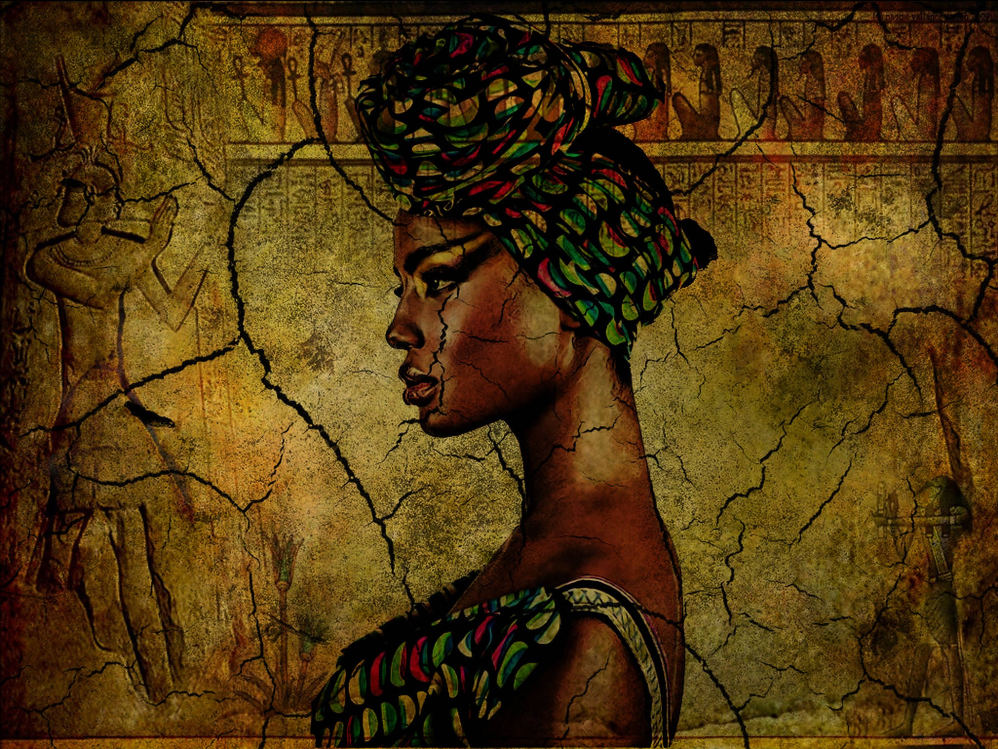 African Woman Art, vibrant patterned attire, cracked ancient Egyptian wall carvings, Full HD Desktop Wallpaper