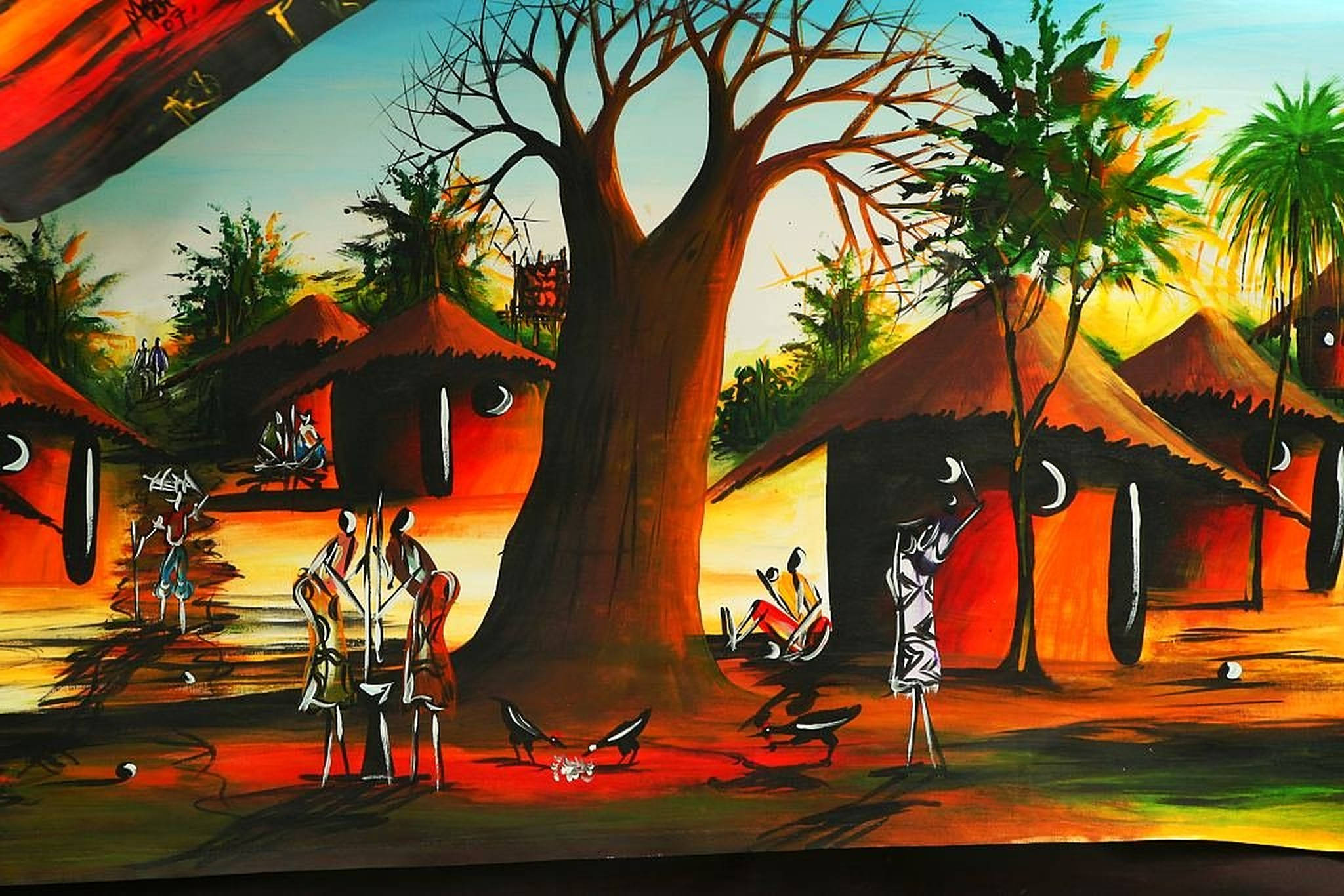 African tribal village art, baobab tree, golden sunset, Full HD Desktop Wallpaper