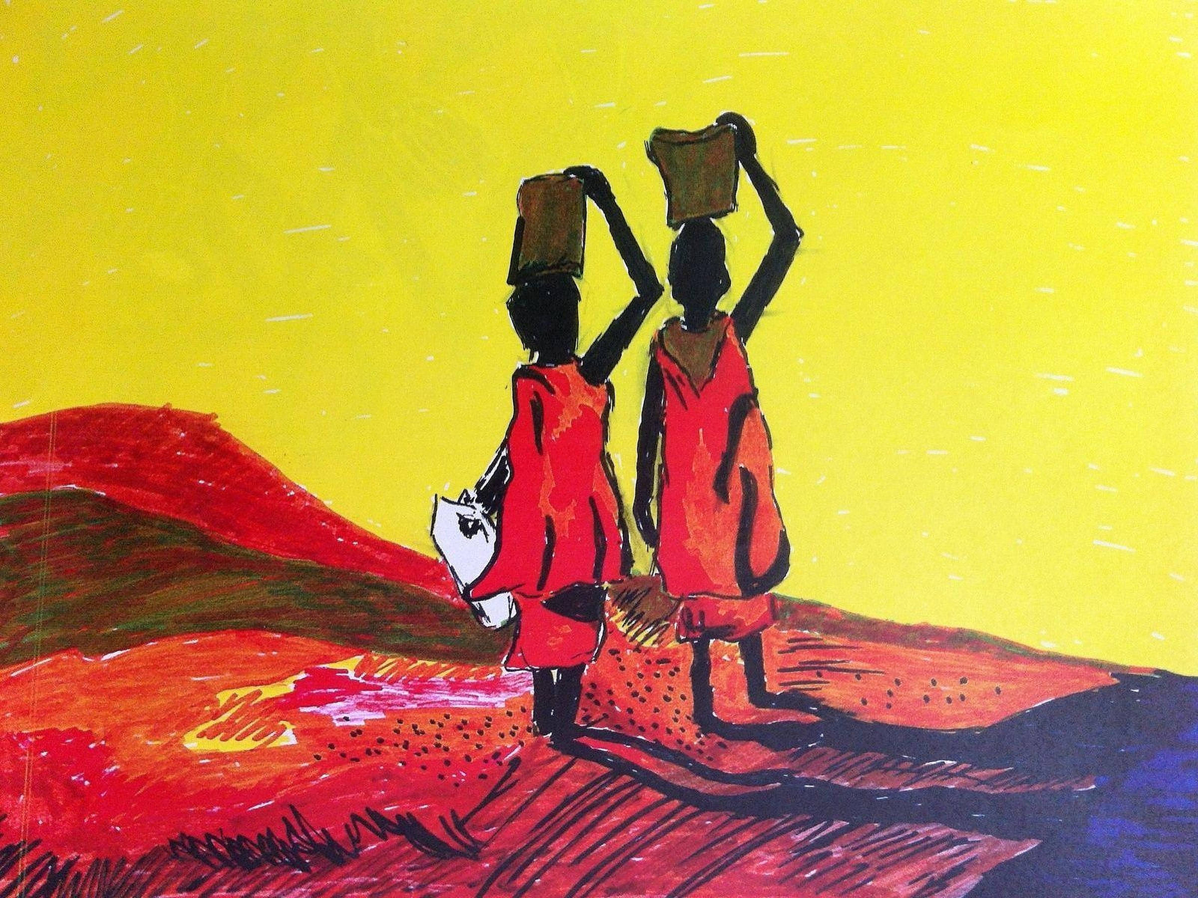 Two African Art, red robes, baskets, Full HD Desktop Wallpaper