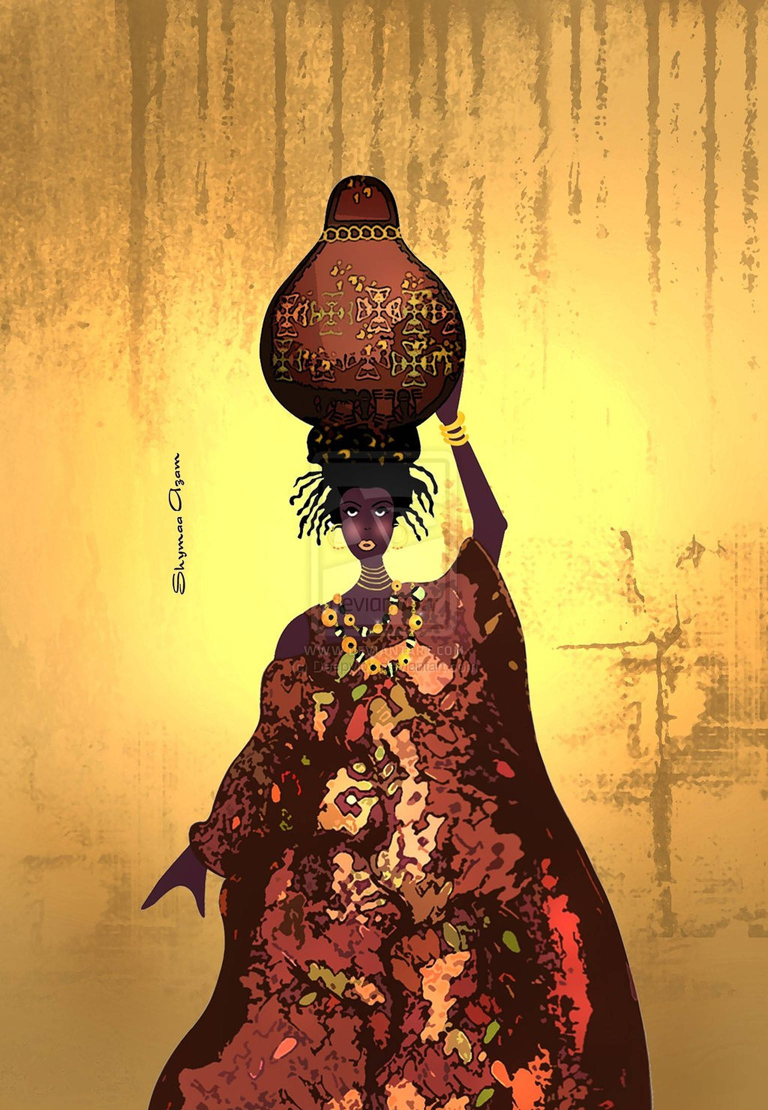 African Girl With Jar Art, red and gold attire, decorated vessel, Full HD Phone Wallpaper