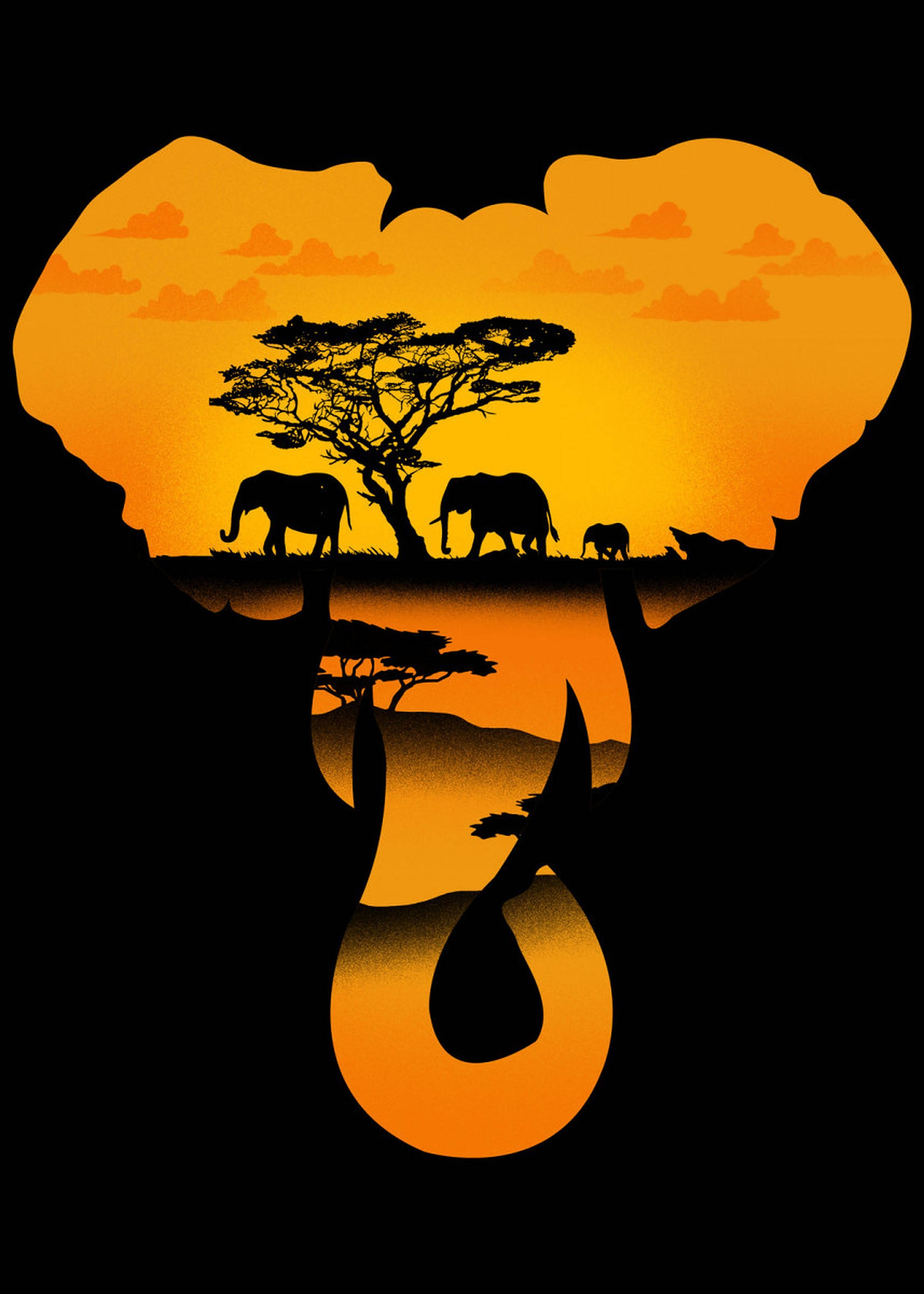 African Silhouette Wildlife Art, elephants, acacia trees, Full HD Phone Wallpaper