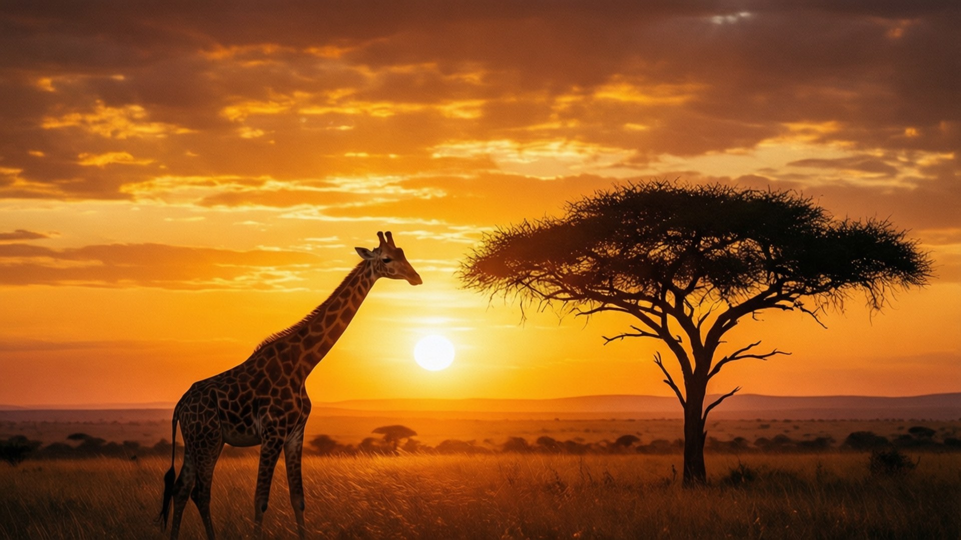 golden savannah sunset, giraffe, acacia tree, Full HD Desktop Wallpaper