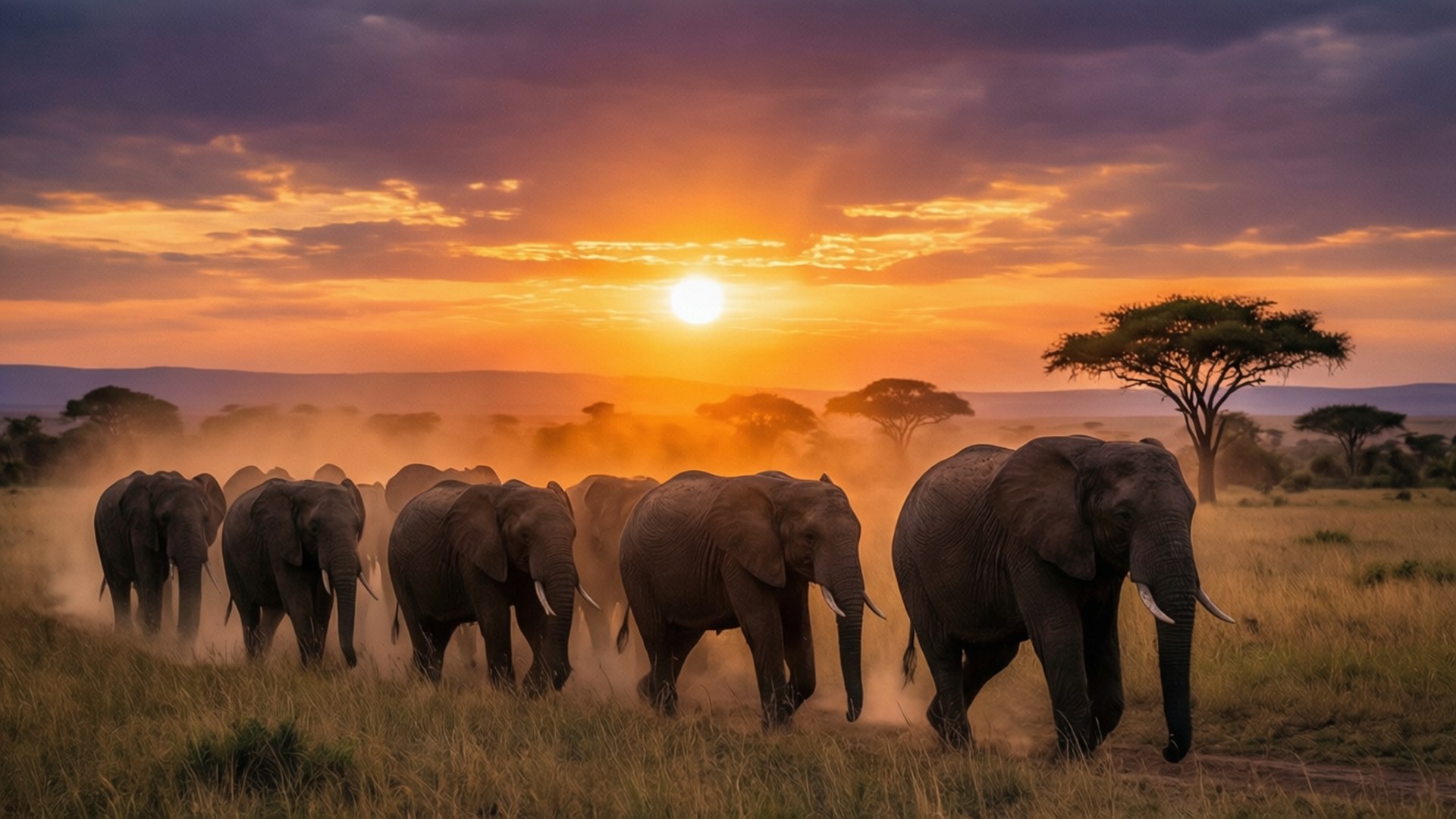 elephant herd, dusk, golden grass, Full HD Desktop Wallpaper