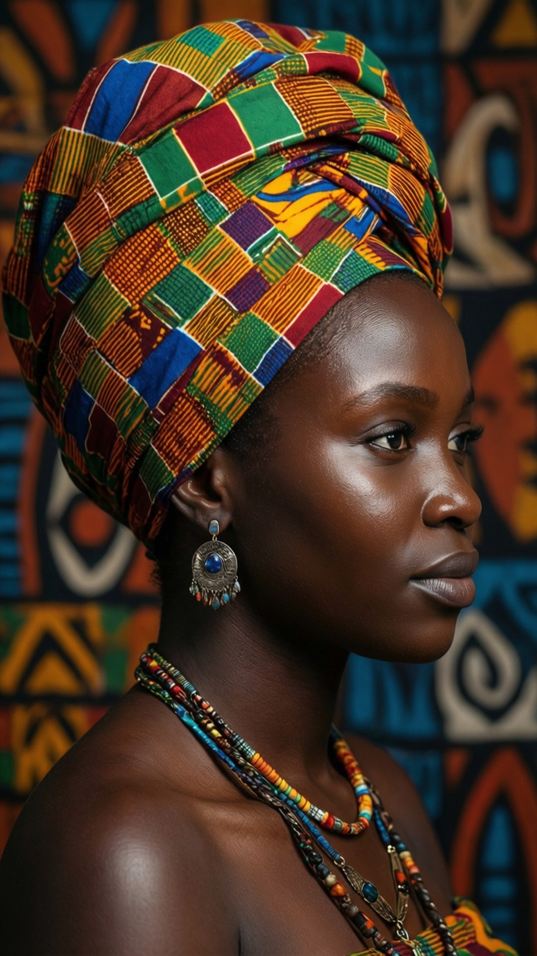 Profile of Beauty, dark skin, vibrant multicolored patterned headwrap, Full HD Phone Wallpaper