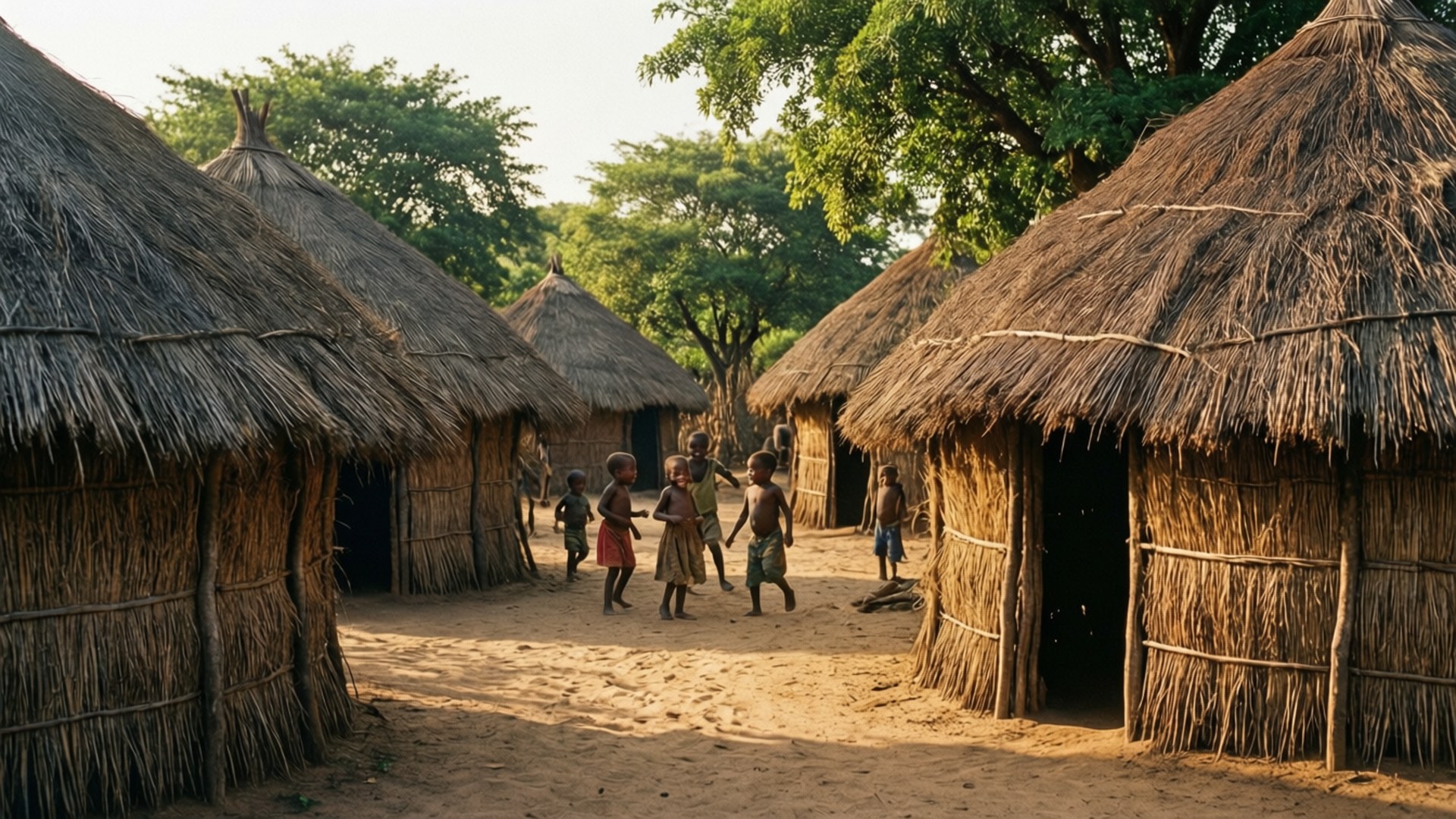 African village, thatched-roof huts, children play barefoot, Full HD Desktop Wallpaper