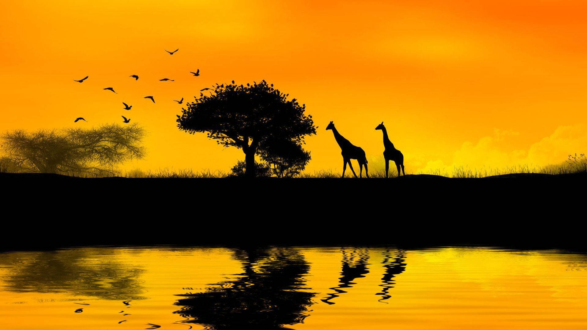 African Silhouette Sunset Art, giraffes, vibrant orange sunset, Full HD Desktop Wallpaper