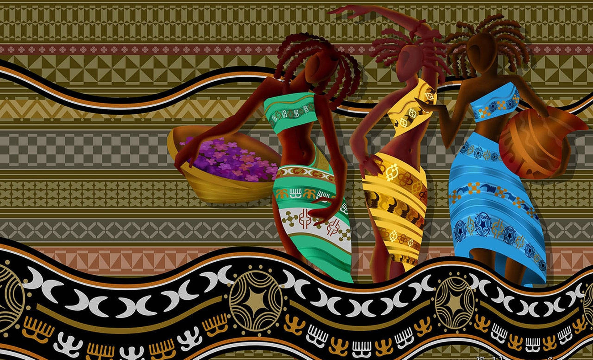 Three African Women Art, colorful patterned attire, purple flowers, Full HD Desktop Wallpaper
