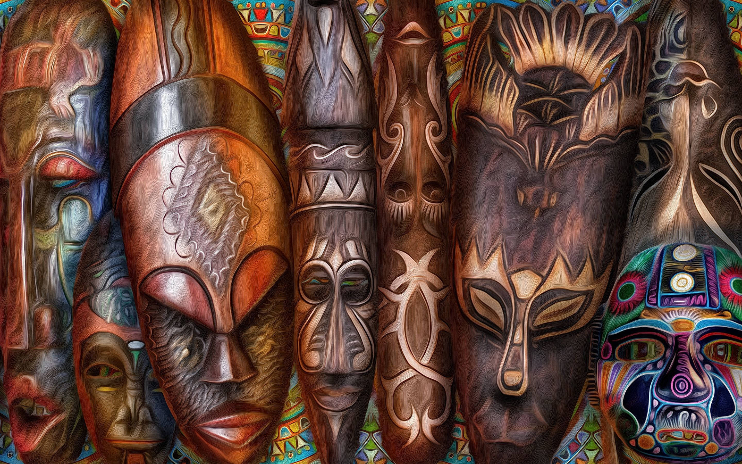 African Mask Art, tribal masks, bold patterns, 2K Desktop Wallpaper