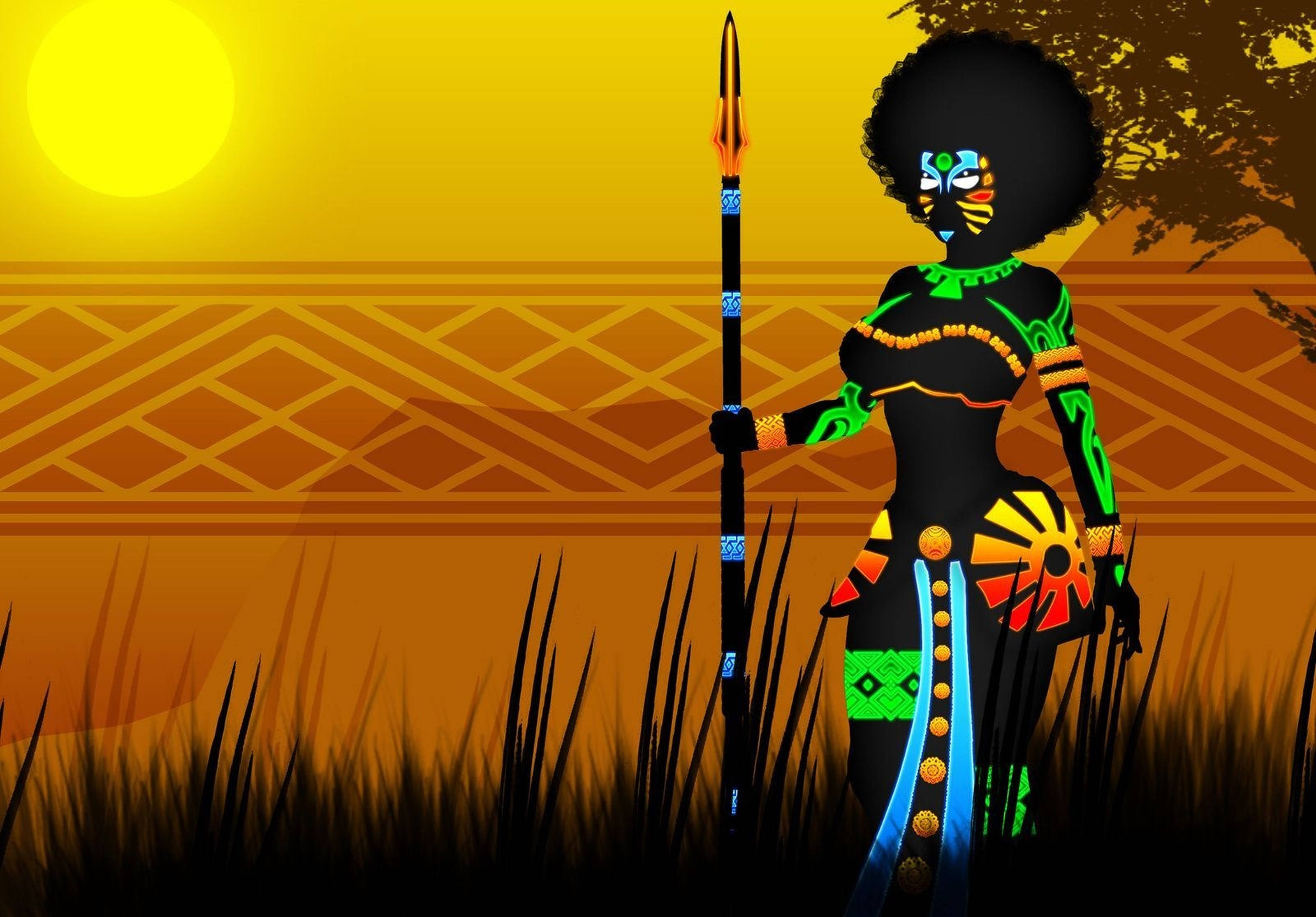 Neon African Female Warrior, tall grass, spear, 2K Desktop Wallpaper