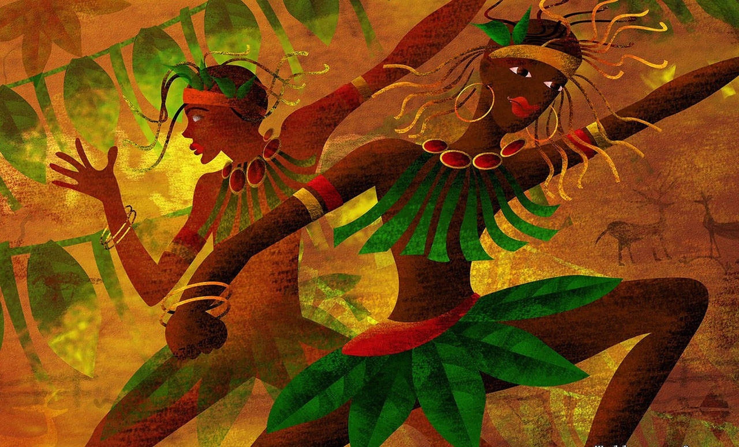 African Artwork, stylized figures, vibrant green foliage, 2K Desktop Wallpaper