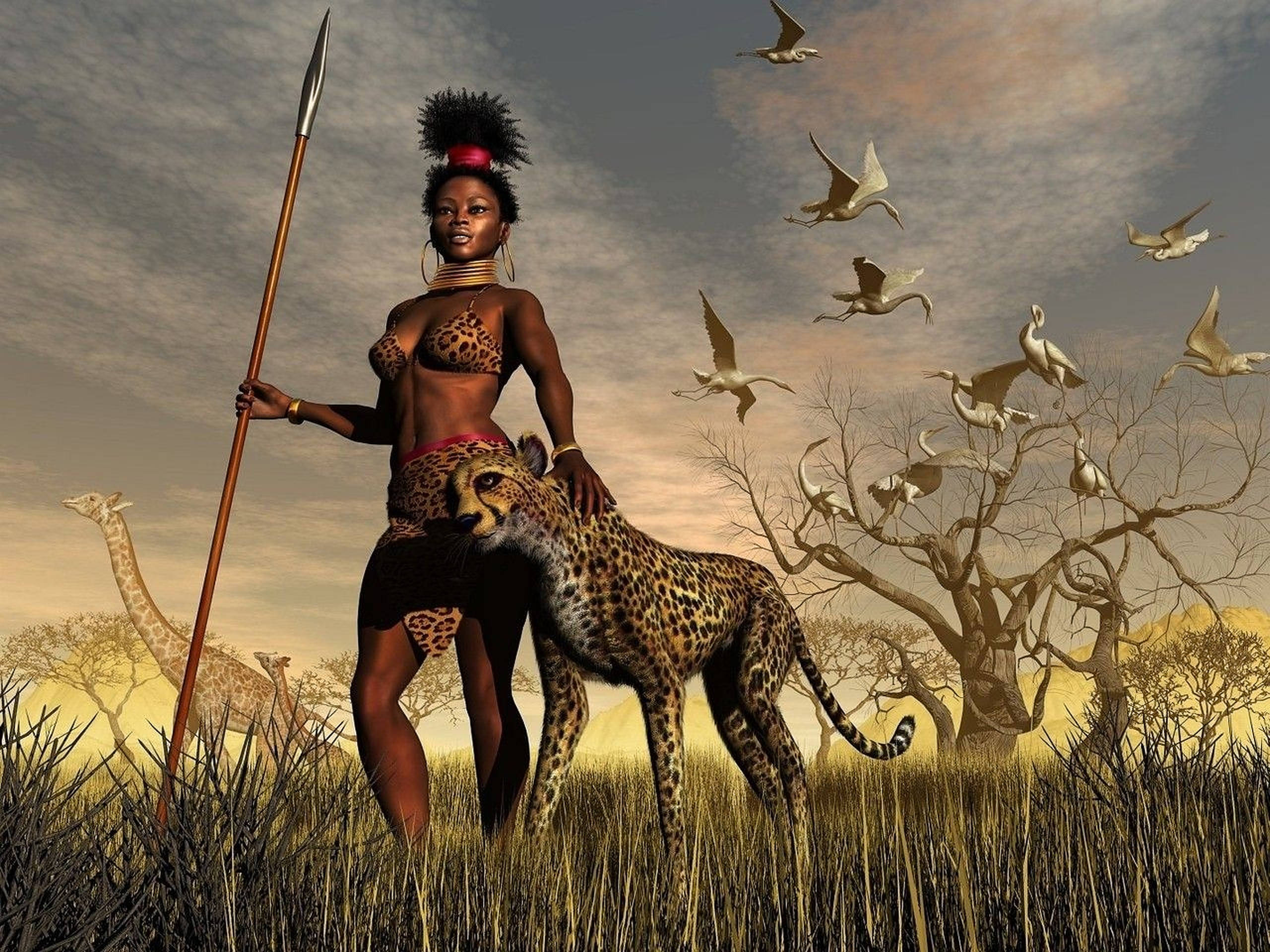 female african warrior, leopard-print attire, cheetah, 2K Desktop Wallpaper