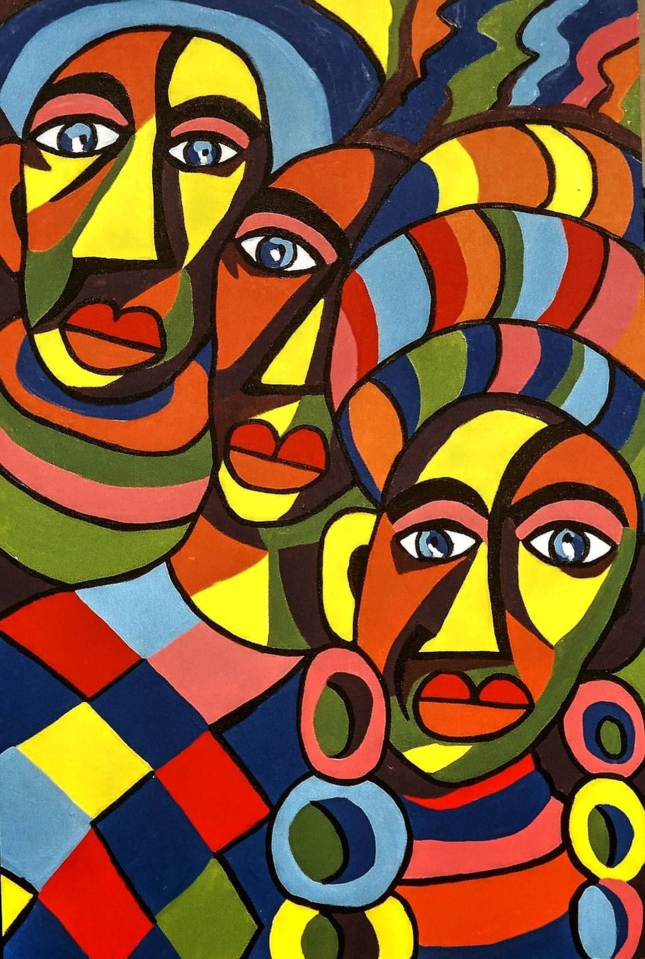 colorful african abstract art, vibrant abstract painting, three stylized faces, Full HD Phone Wallpaper