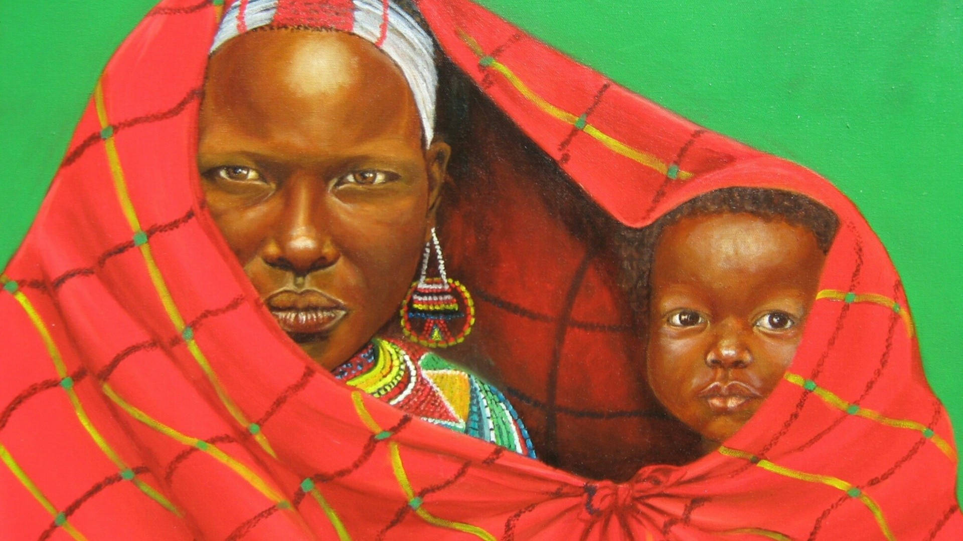 African Mother And Child Art, vibrant red patterned shawl, solid green background, Full HD Desktop Wallpaper