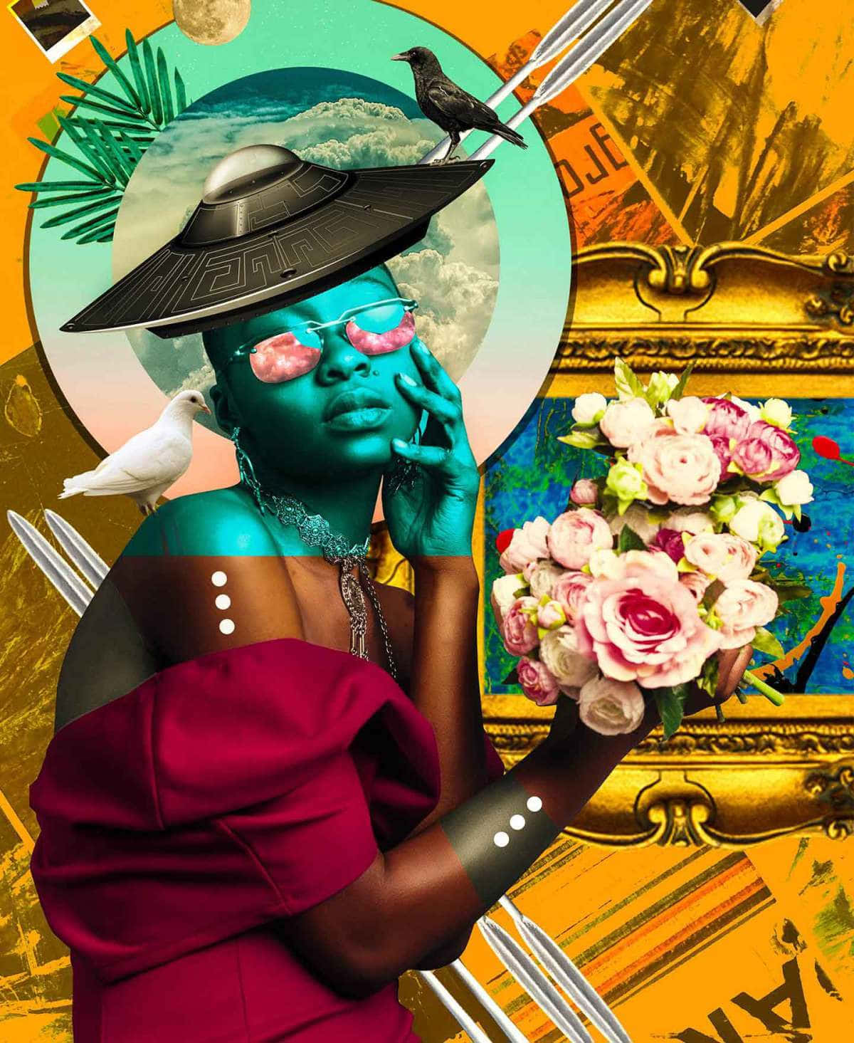 teal-skinned woman, UFO hat, pink roses, HD Phone Wallpaper