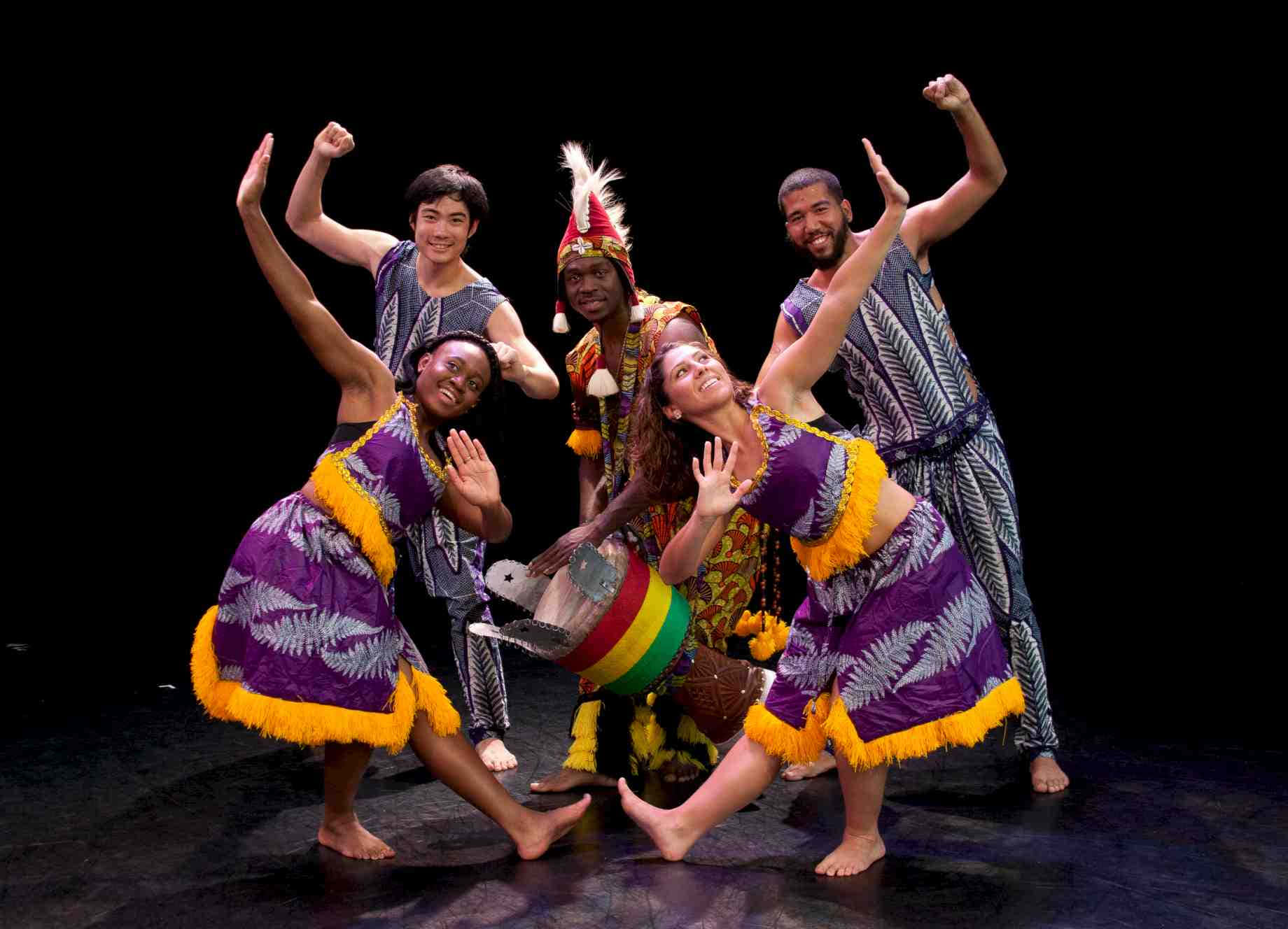 African Culture, vibrant purple and yellow costumes, dark stage, HD Desktop Wallpaper