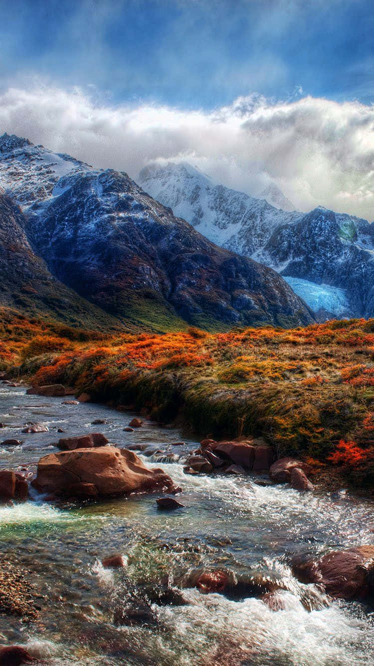 mountain stream, vibrant autumn foliage, snow-capped peaks, HD Phone Wallpaper
