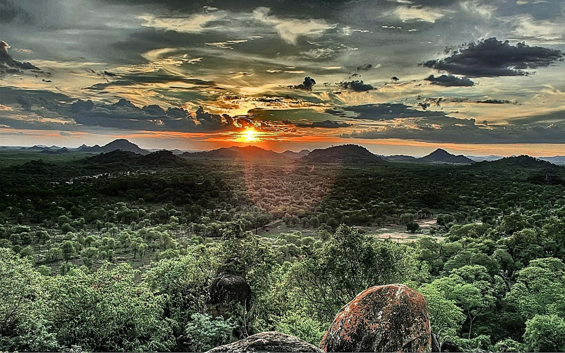 African Landscape, sunset, fiery orange, Full HD Desktop Wallpaper