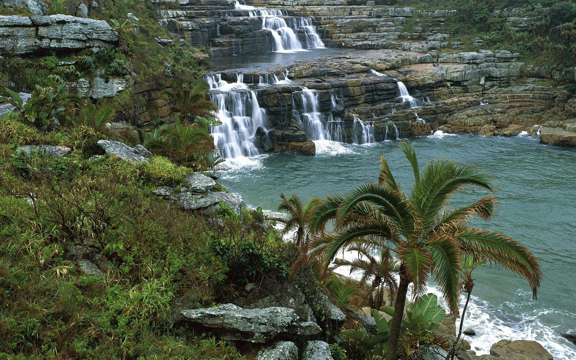 African Landscapes, waterfall, layered rock formations, Full HD Desktop Wallpaper