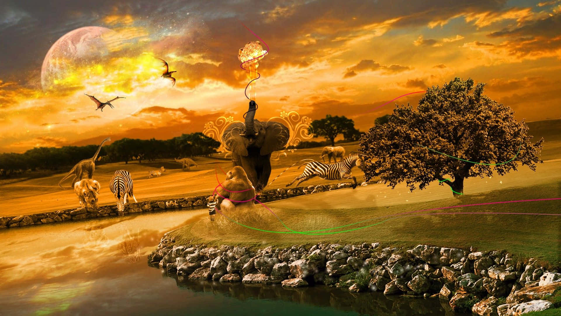 African Landscape, golden sunset, elephants, Full HD Desktop Wallpaper