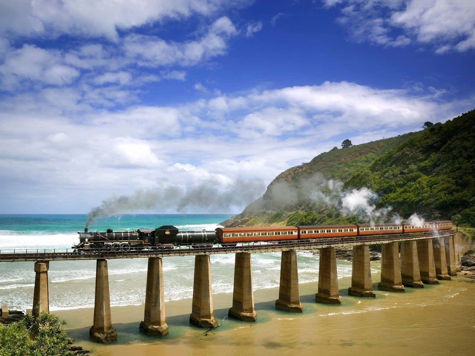 vintage steam train, seaside bridge, turquoise waters, HD Desktop Wallpaper